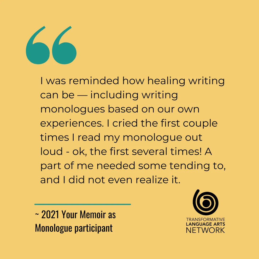 TLANetwork's tweet photo. Do not miss Kelly DuMar's upcoming gem of a class, Your Memoir as Monologue - with Showcase: Writing Monologues for Healing and Transformation.
Register: https://t.co/eyesSZHzhp.
@kellydumar ##memoir, #monologueclass, #transformativewriting, #performanceclass https://t.co/OUppJMGMz7