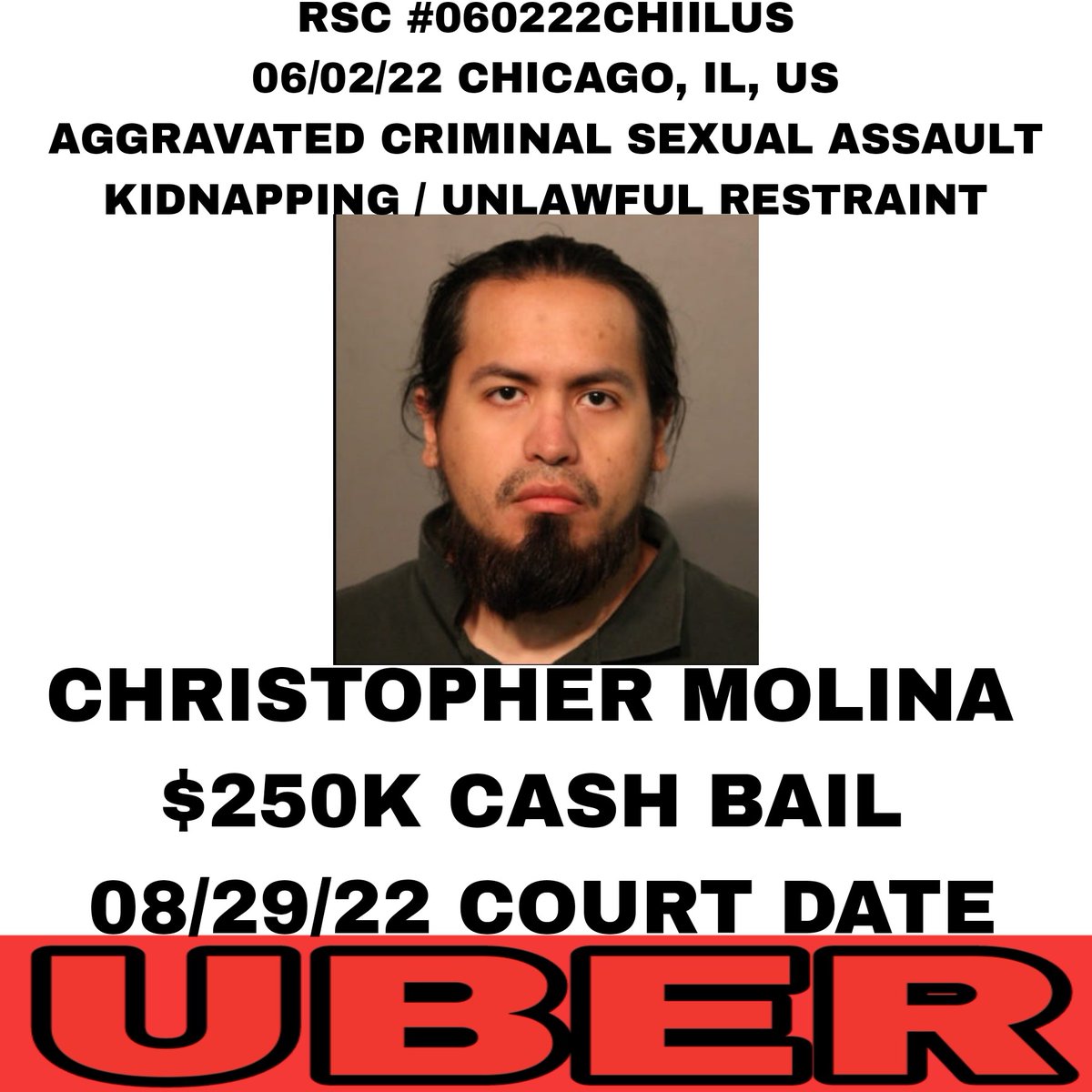 StultzThe's tweet photo. RSC #060222CHIILUS
06/02/22 CHICAGO, IL, US
AGGRAVATED CRIMINAL SEXUAL ASSAULT
KIDNAPPING / UNLAWFUL RESTRAINT

UBER >CONFIRMED
DRIVER: Christopher Molina

A female passenger awoke zip-tied by the wrists in the rear of a car parked in a well-lit garage.
https://t.co/mpmuNLtd7N https://t.co/tE4gjD5HZm
