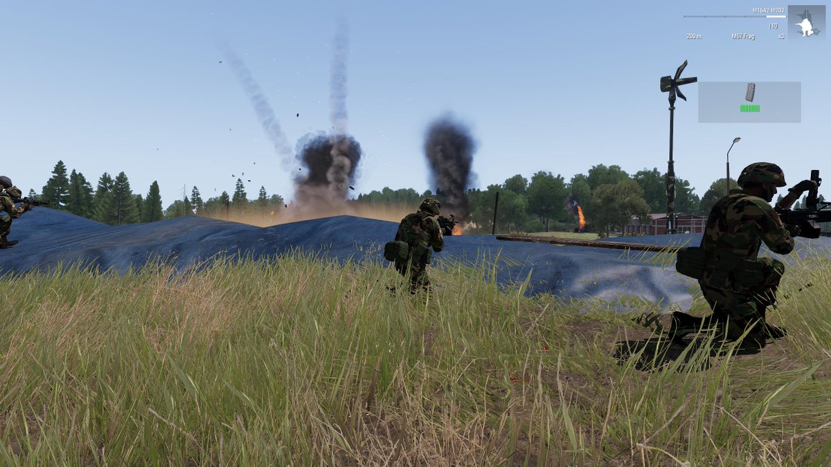 ark_arma's tweet photo. Highlights from our 20th August #arma3 session:
1) A perfect conga line
2) Lots of pew pew in the background as a PMC soldier defends his position
3) Americans on Cham causing mayhem
4) Trying to get a fellow officer into safety on Malden 2035.
#arma https://t.co/2uZgpdm9PH