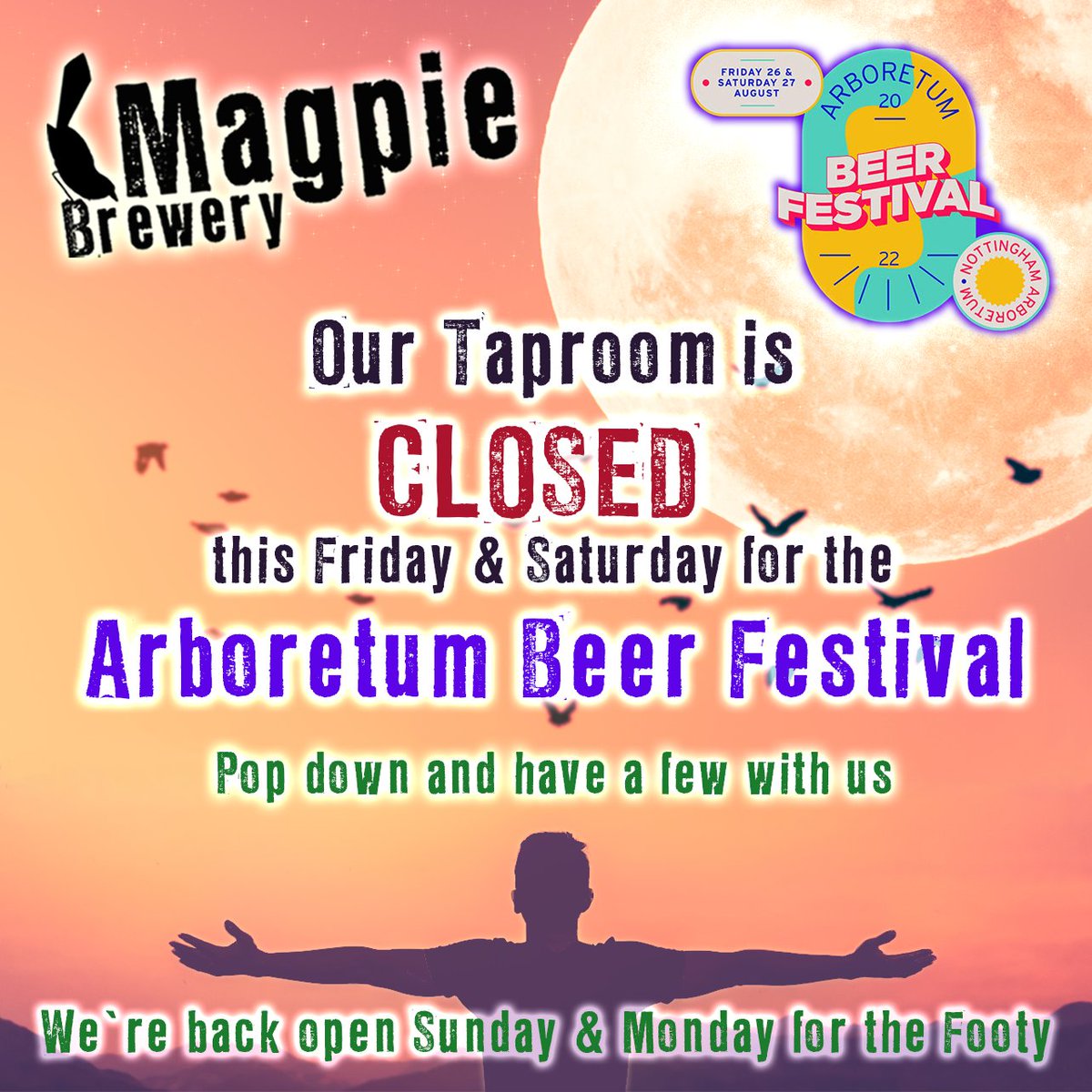 ⏰️ Bank Holiday Taproom Hours ⏰️ 

HOW IS IT SEPTEMBER ALREADY

🥺🤯

Friday &amp; Saturday we've our own bar at the <a href="/arboretumnotts/">Arboretum Beer Festival</a> festival along with <a href="/mardybumbrewco/">Mardy Bum Brew Co</a> 🥳 and our brewery taproom is OPEN Sunday &amp; Monday for the footy ⚽️ 

#beer #festival #taproom #Notts #Local