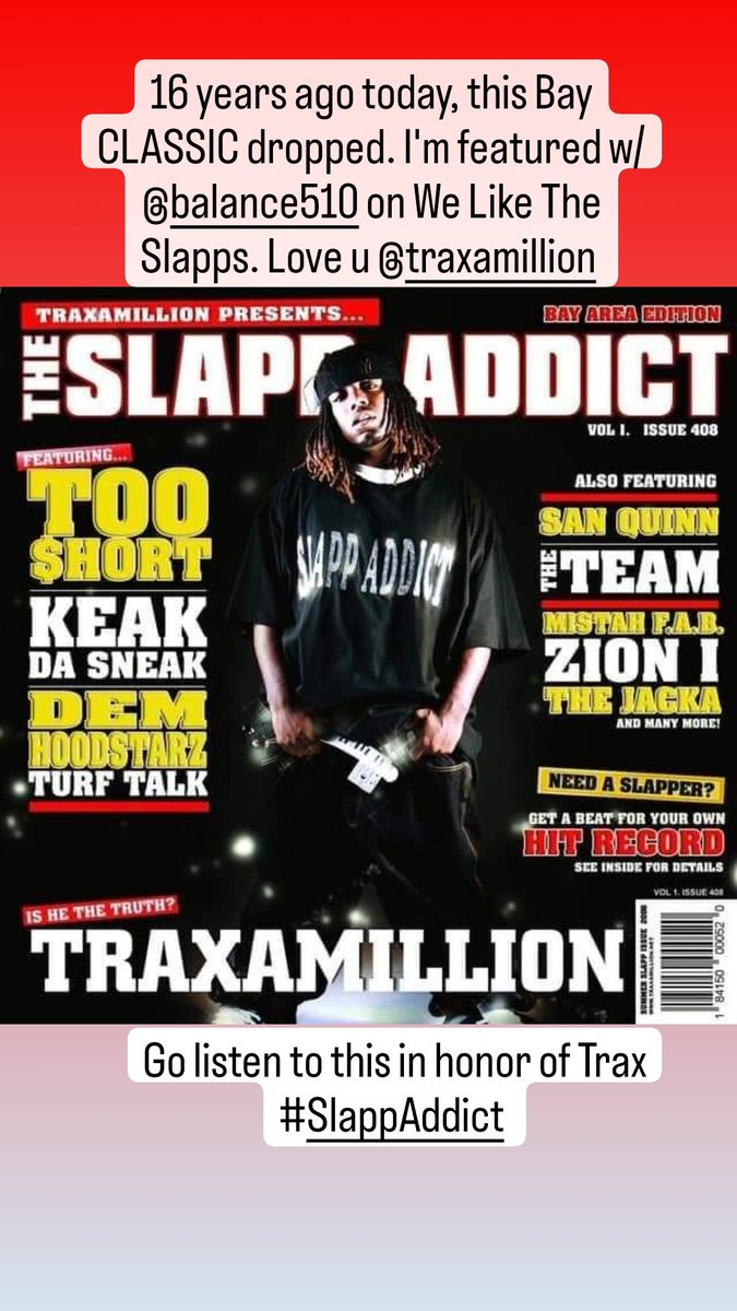 Adopefemalemc's tweet photo. 16 years ago today #TheSlappAddict by @Traxamillion dropped. It is considered the soundtrack to the #hyphy movement, which impacted the entire style of Hip-Hop. We celebrate you Trax. #RIPTraxamillion #TraxamillionForever #SlappAddict #Traxamillion #BayAreaHipHop #BayArea #HipHop https://t.co/HDYo4xnbhF