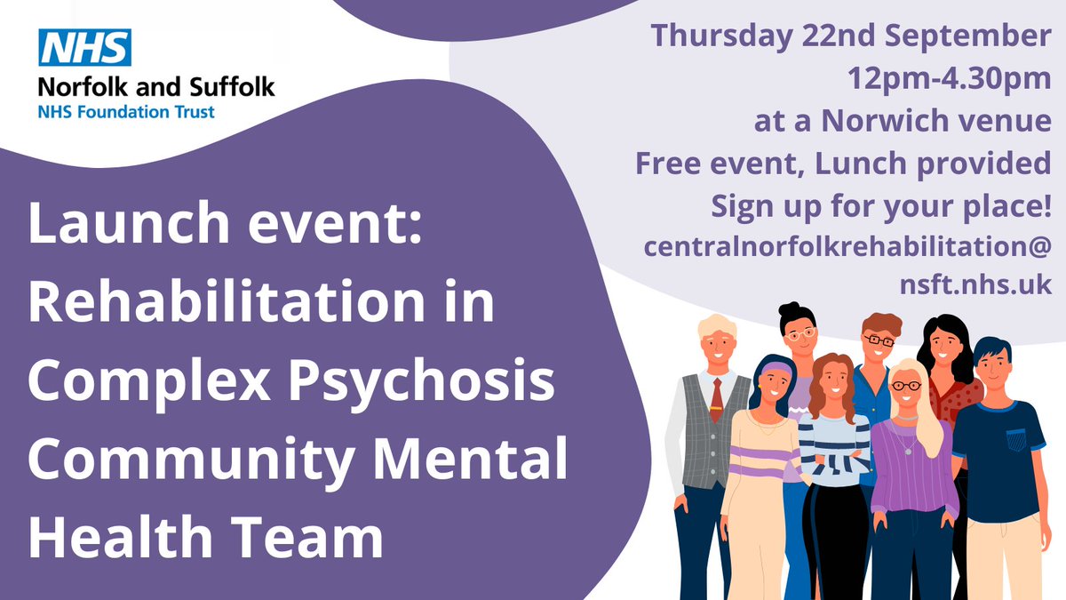 NSFTrehab's tweet photo. One month to go - Sign up now! Welcoming service users, carers, staff and VCSE partners to our free rehab CMHT launch event, on the 22nd Sep! Keynote speaker @HelenKillaspy Please email us for booking. @NSFTtweets @NorfolkCC @NCLawService @TogetherMW @changegrowlive @NorfolkMind https://t.co/P22HU97OE9
