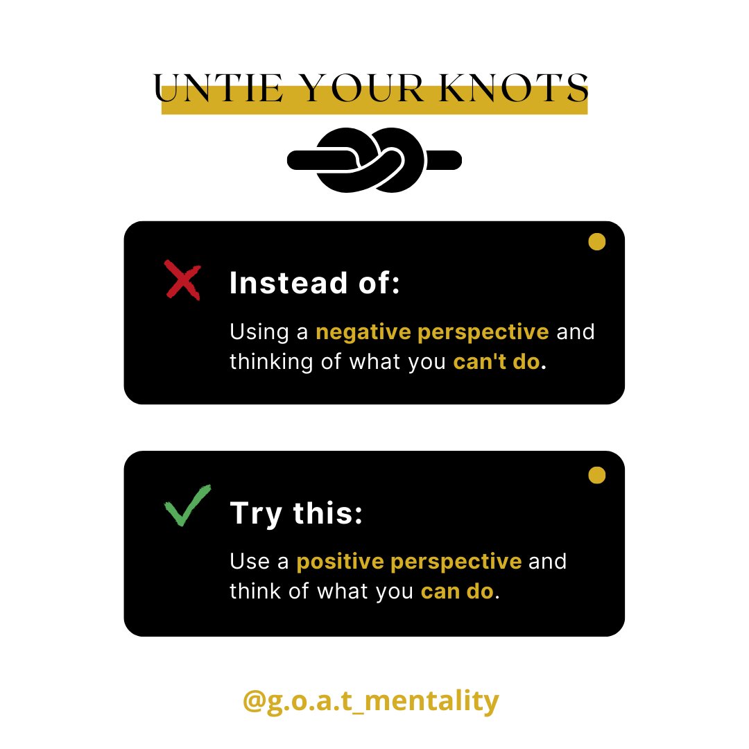 agoatmentality's tweet photo. Today's mental performance tip of the day is to untie the knots that keep your thinking twisted negativity. 

#goatmentality #positivethinking #sportpsychtips #mentalperformance #thementalgame https://t.co/vZOwVHXRfm