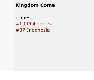 RVonBillboard's tweet photo. We have our second entry of ‘Kingdom Come’ on iTunes. #37 in Indonesia & #10 in Philippines. Let’s go Reveluvs!! Keep buying 😍😍 #RedVelvet #KingdomcomeMassBuy #SignRedVelvetToUSLabel https://t.co/abd2wzvp80