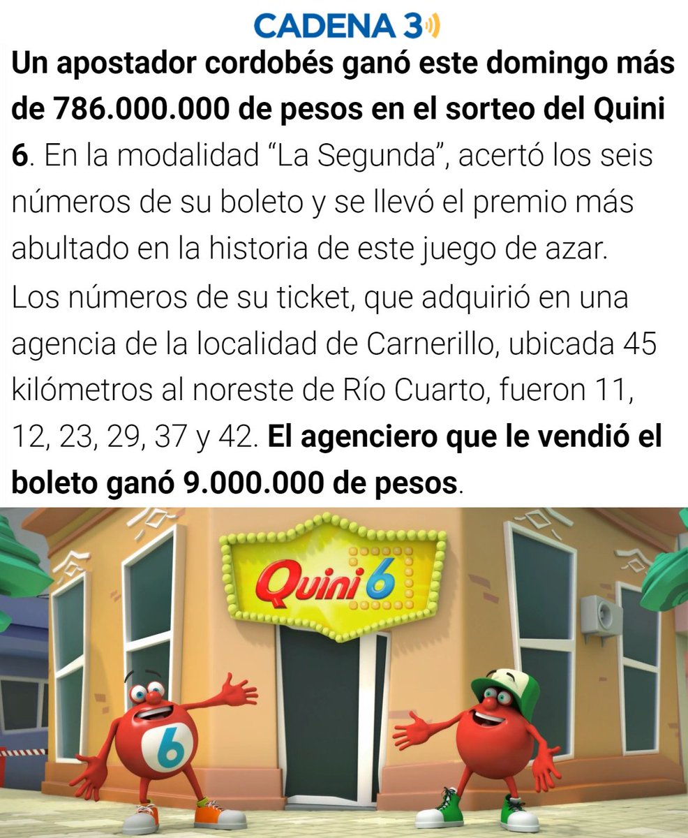 porquetendencia's tweet photo. "Quini 6":
Porque un apostador de Córdoba ganó 786 millones de pesos en ese juego https://t.co/5e4Y8icBk9