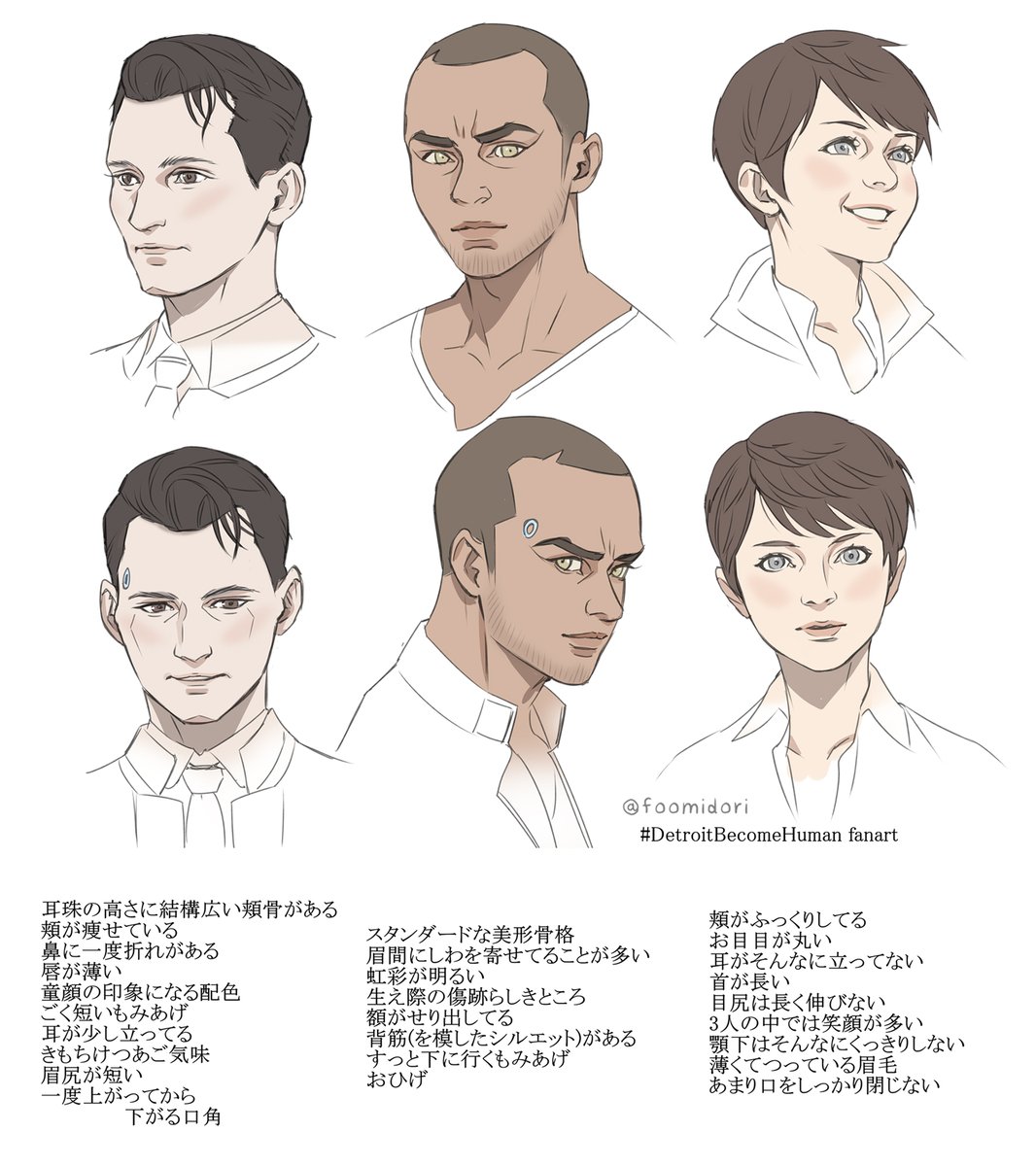 どこをおさえると似てくるかの研究をしてる
コナー、マーカス、カーラ
 
#DetroitBecomeHuman fanart 