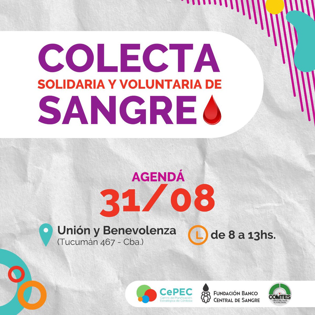 cepec_ar's tweet photo. ¡Se viene la Colecta Solidaria y Voluntaria de Sangre 🩸 que organizamos con la Fundación Banco Central de Sangre y @ComitesCordoba! Acá te dejamos el día, el horario y el lugar; porque #DonarSangreEsSalvarVidas. En los próximos días, más info. ℹ️ https://t.co/6su4V1lhJE