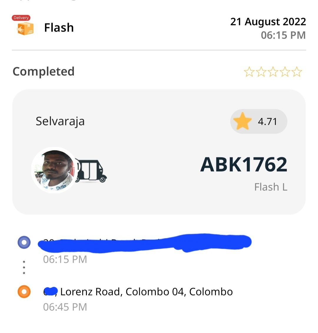 arunans23's tweet photo. Had a really bad experience with #PickMe Flash yesterday. I sent two blazers in a Three wheel to be delivered from Mount lavinia to Wellawatte. The guy drove past Wellawatte and ended the hire in Bambalapitiya. When I called to inquire, he has switched off the phone. I made a https://t.co/Z3wWeWfdtq