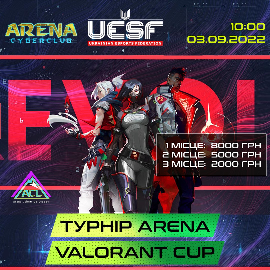 uesf_ua's tweet photo. Мережа клубів "Arena Cyberclub" проведе благодійний онлайн турнір з Valorant 5x5.
Дата турніру: 03.09.2022 
Деталі : https://t.co/shQx2uBCRL https://t.co/fblWfdQrMF