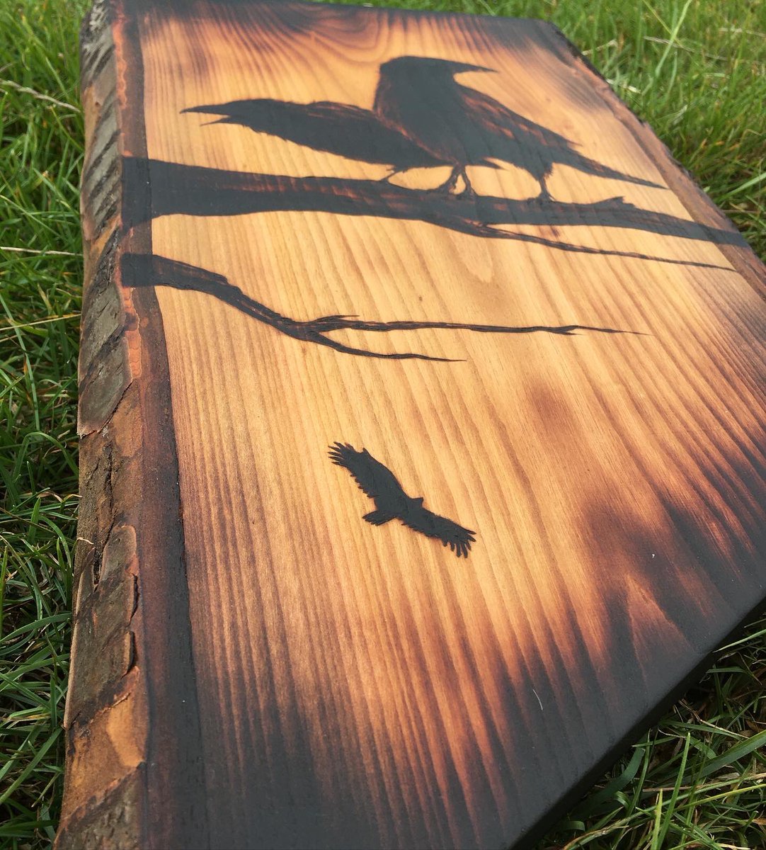 This absolutely beautiful piece of cherry was the perfectly dramatic backdrop for the corvids & I’m glad I got a photo because it flew this weekend! #corvids #woodburningart #pyroart #northumberland #wildlifeart #northeastcreatives #pyrography #woodart #makers #northeastengland