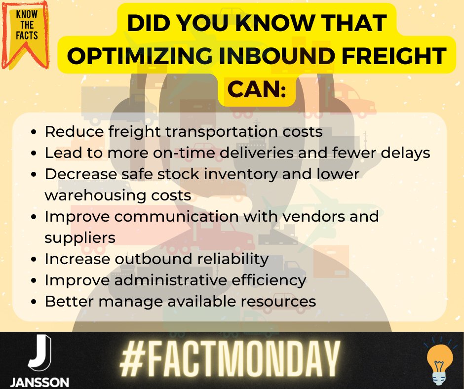 JanssonLLC's tweet photo. Did You Know That Optimizing Inbound Freight Can..
#Jansson #FactMonday #LandstarAgent #Logistics https://t.co/uCJy2pN9Bd