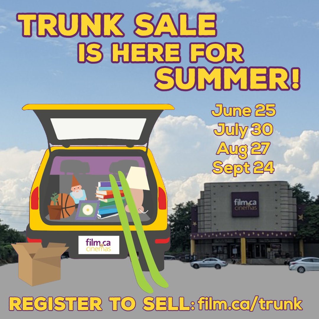 FilmCaCinemas's tweet photo. Our Trunk Sale is back for 4 summer dates! πβοΈ Register as a vendor to sell your used items, artisan products, and more π· Or simply save the dates to do some shopping! π
If you would like to be a vendor, please fill out the form at https://t.co/jyVEINfzVe β
#trunksale https://t.co/GB7spAqOyM