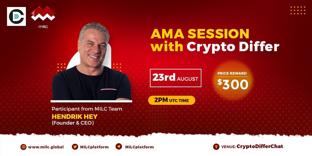 MILCplatform's tweet image. Hello MILCians!👋

📢 Tune in for an exciting #AMA session with the @CryptoDiffer 🎊🥳

Speaker:
🎙️ @HendrikHey1- MILC Founder &amp;amp; CEO

🗓 Date: 23rd August, 2 PM UTC

📍 Venue: Crypto Differ TG chat

💰 Reward pool: $300 $MLT for 5 best questions