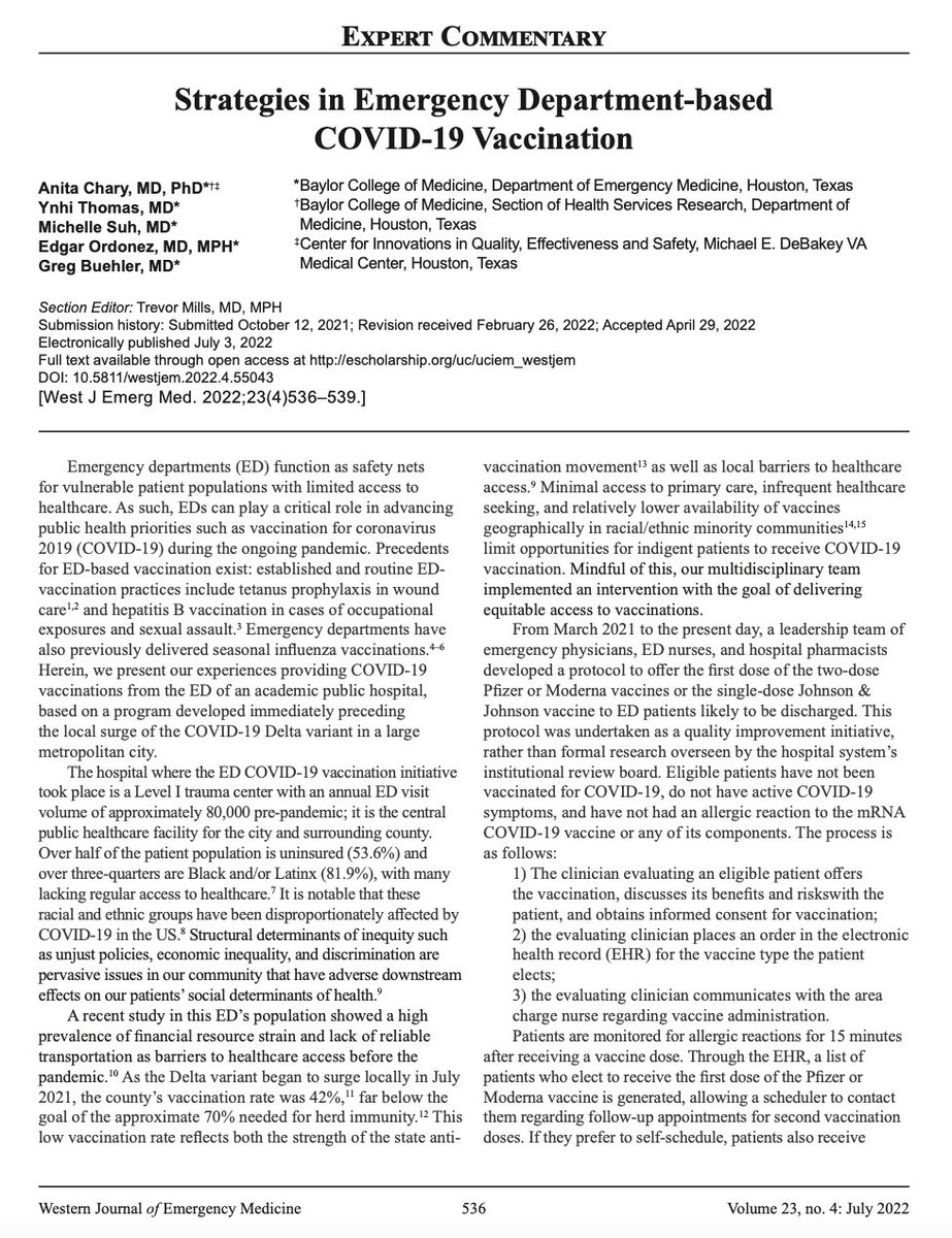 Did you know we vaccinate our community against COVID-19 here at Ben Taub Hospital ER? Drs. @anitachary, @YnhiThomasMD, Michelle Suh, @TheEMIMdoc, and Greg Buehler discuss our strategy in this commentary #ManuscriptMonday escholarship.org/uc/item/2tw5b3…