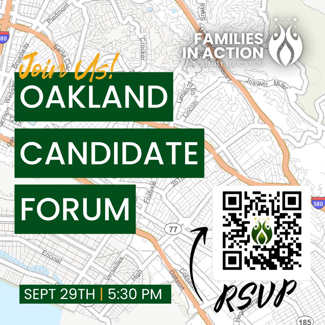 FIAOakland's tweet photo. FIA Oakland parents, youth and educators invite you to an  in person candidate forum for Oakland School Board &amp; City of Oakland Mayor!

Learn where candidates stand on the issues important to you, and who will  champion quality in public education. 
RSVP: https://t.co/hx79bIcJSu https://t.co/LdxTEpDZQz