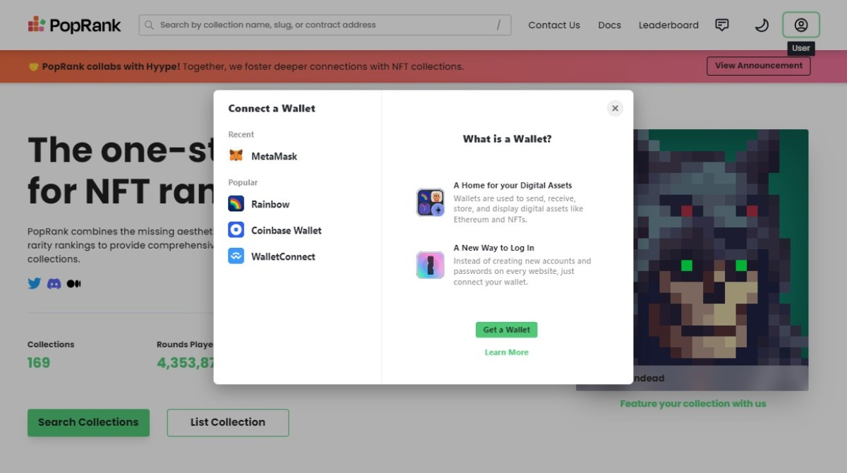 PopRank now supports the following wallets:

🦊 MetaMask
🌈 Rainbow
🪙 Coinbase Wallet
✨ Any WalletConnect compatible wallet

Proudly using <a href="/rainbowdotme/">Rainbow</a>'s outstanding RainbowKit!