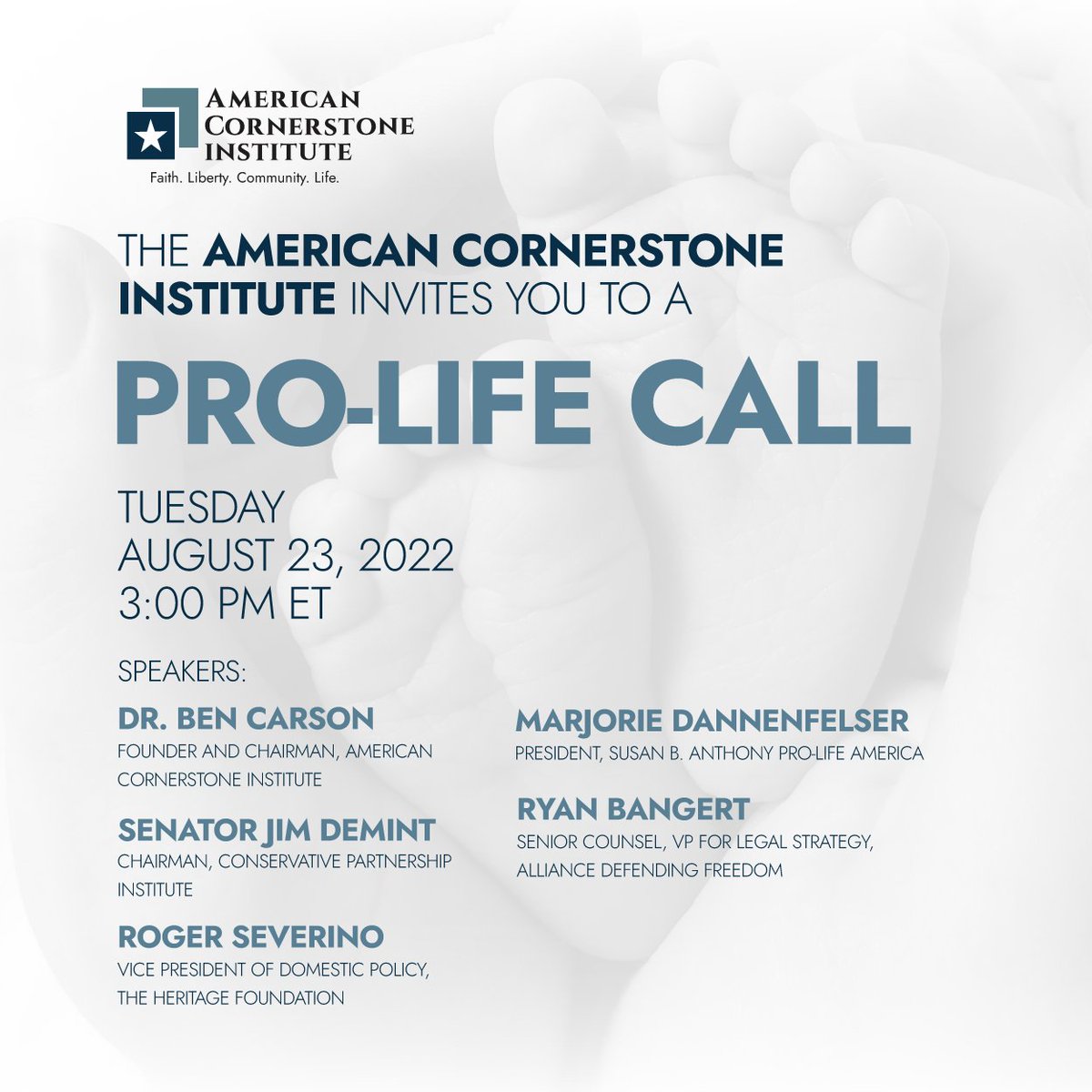 Please join us for this special pro-life call tomorrow at 3 PM ET. Spots are limited, so register today! Hear from: @RealBenCarson @JimDeMint @marjoriesba @RogerSeverino_ @ryanlbangert Register here: ems8.intellor.com/?do=register&t…