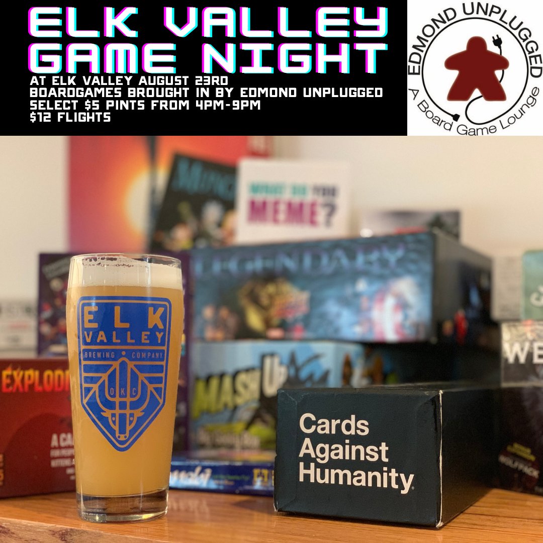 Game Night tomorrow night AT 4PM! <a href="/EdmondUnplugged/">Edmond Unplugged</a> will be donating boardgames! $5 select pints and $12 flights! Come play some board games, card games, or table top games! See ya tomorrow!

#Elkvalleybrewco #gamenight #datenight