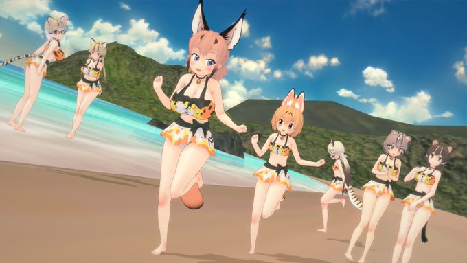 今まで作ったけもフレ3水着をフレンズたちに着せて海辺シーンに入れてみました✨ 