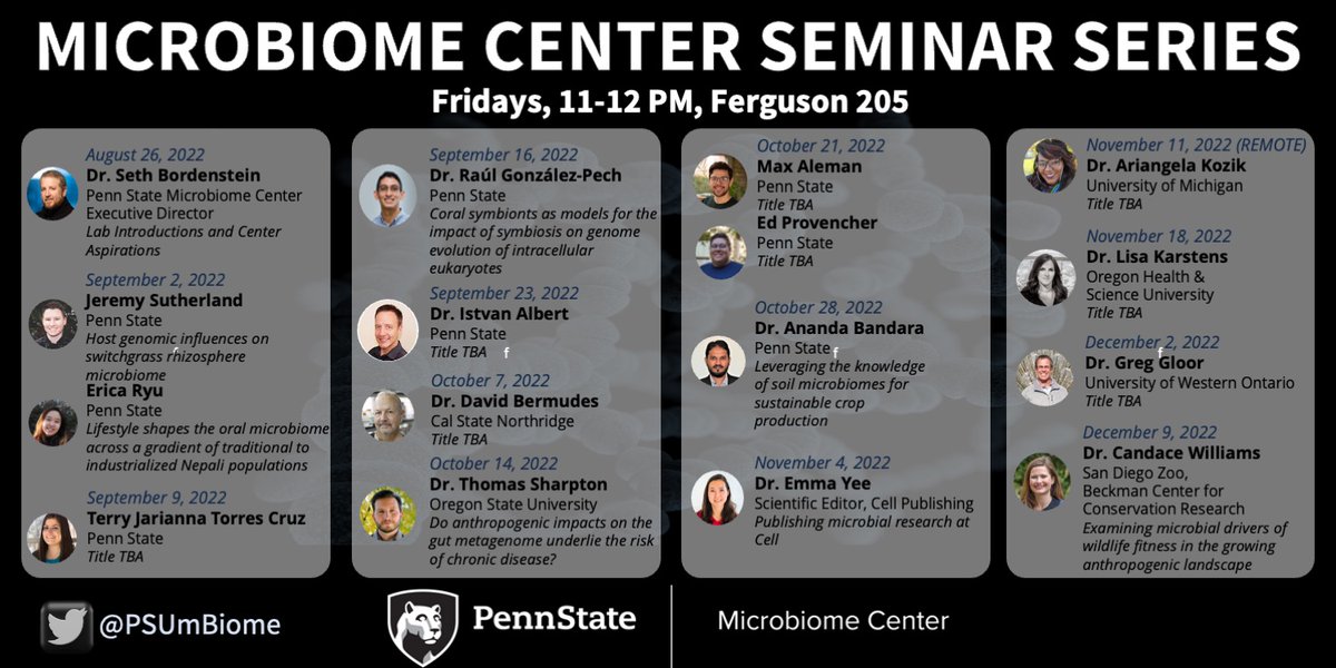 ANNOUNCEMENT: 16 Speakers, 1 grand semester in the @PSUmBiome Center Seminar Series. Our Series commences this Friday at 11am in Ferguson 205. Come join us to empower the next advances in the microbiome sciences. The speaker line up is premium!