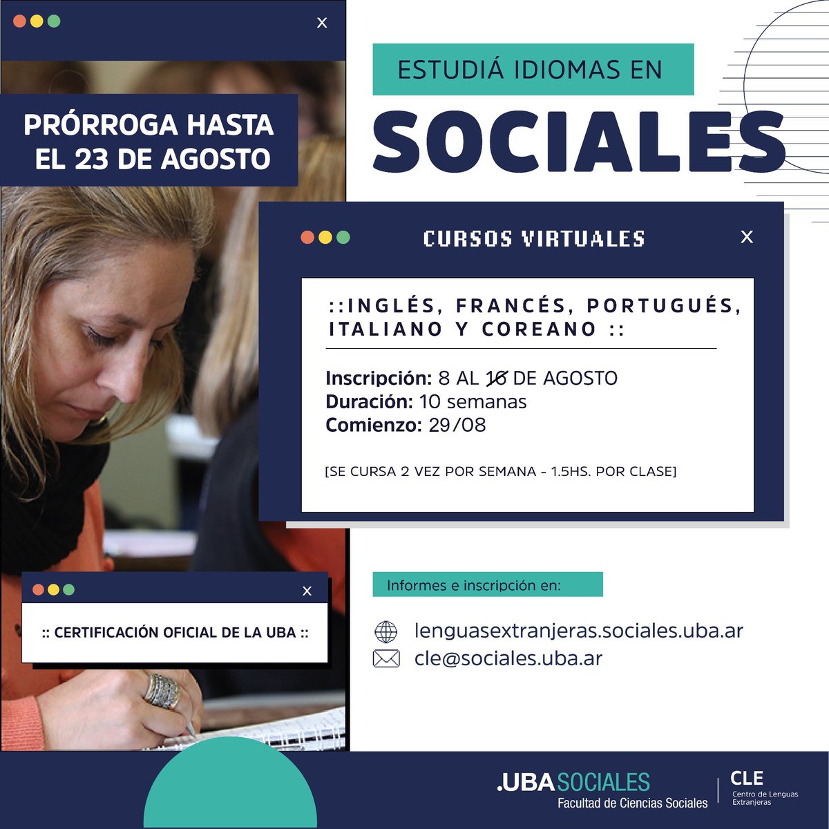 📣 ¡INSCRIPCIÓN ABIERTA HASTA MAÑANA 23 DE AGOSTO!

🌐 Informes e inscripción 👉lenguasextranjeras.sociales.uba.ar/cursos-virtual….

¡TE ESPERAMOS! 😊