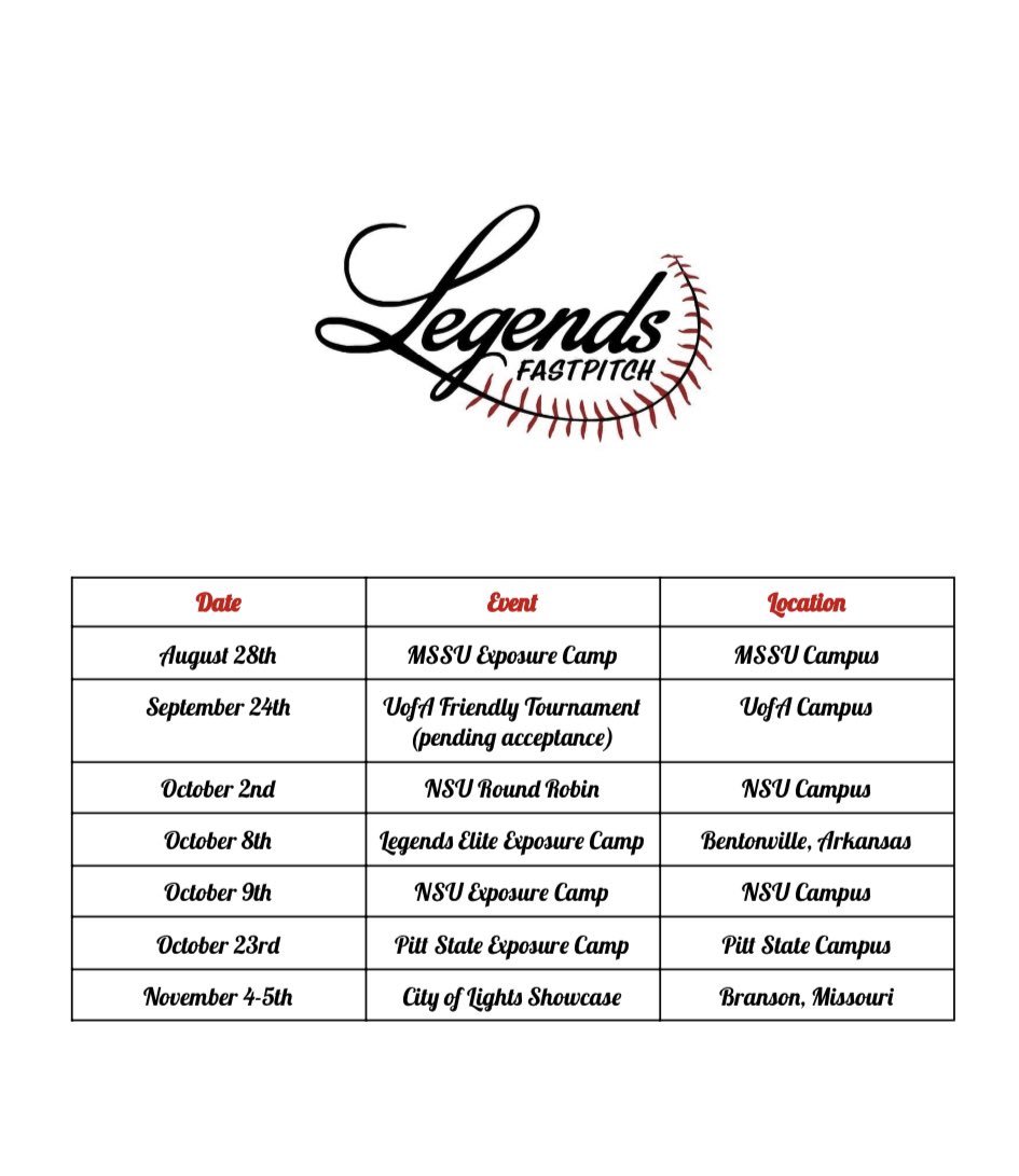 Legends National 18u (@16ulegendsnat) on Twitter photo Fall schedule is out! Send us info for camps if you are looking for some talented, hardworking 2024, 2025, and 2026 athletes! <a href="/emory_bowlin/">Emory Bowlin</a> <a href="/Callie_Cooper25/">Callie Cooper</a> <a href="/ZayleeWarden/">Zaylee Warden</a> <a href="/KeeleyElsea/">Keeley Elsea</a> <a href="/morgan_uher2025/">Morgan Uher</a> <a href="/_amberturner06/">Amber Turner</a> <a href="/KenleeHarris/">Kenlee Harris</a> <a href="/ChiltonLaney/">Laney Chilton</a> <a href="/LegendsFastpit2/">Legends Fastpitch Organization</a> <a href="/kaitie_leonard/">Kaitie Leonard</a> Fall schedule is out! Send us info for camps if you are looking for some talented, hardworking 2024, 2025, and 2026 athletes! <a href="/emory_bowlin/">Emory Bowlin</a> <a href="/Callie_Cooper25/">Callie Cooper</a> <a href="/ZayleeWarden/">Zaylee Warden</a> <a href="/KeeleyElsea/">Keeley Elsea</a> <a href="/morgan_uher2025/">Morgan Uher</a> <a href="/_amberturner06/">Amber Turner</a> <a href="/KenleeHarris/">Kenlee Harris</a> <a href="/ChiltonLaney/">Laney Chilton</a> <a href="/LegendsFastpit2/">Legends Fastpitch Organization</a> <a href="/kaitie_leonard/">Kaitie Leonard</a>