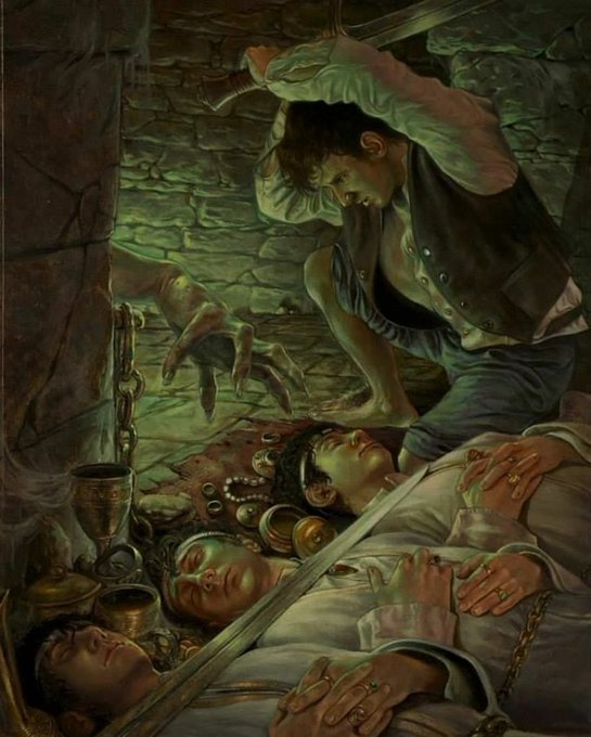 TheArtofArda's tweet photo. Frodo rescues Sam, Merry and Pippin from the Barrow-Wight by Andrea Piparo https://t.co/7wHOtRXlqb