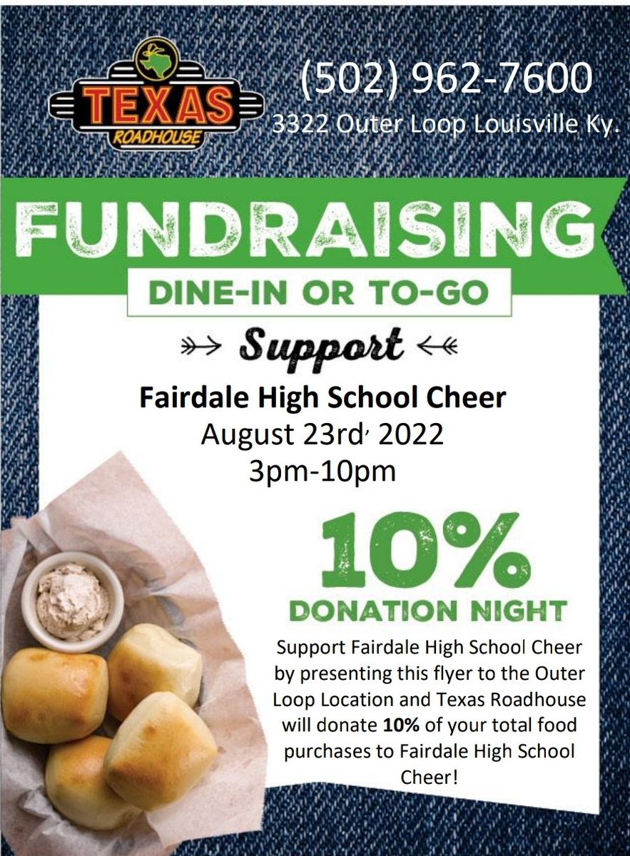 FHSCHEER1's tweet photo. Last one, best one? Tomorrow is our final Texas Roadhouse fundraiser of the season. Help us out by eating between 3-10pm at the Outer Loop location. Show this flyer and we get 10%!
Thank you!
#fairdale4life https://t.co/Mu6AEDzMo3 https://t.co/QkYsdoDBTM