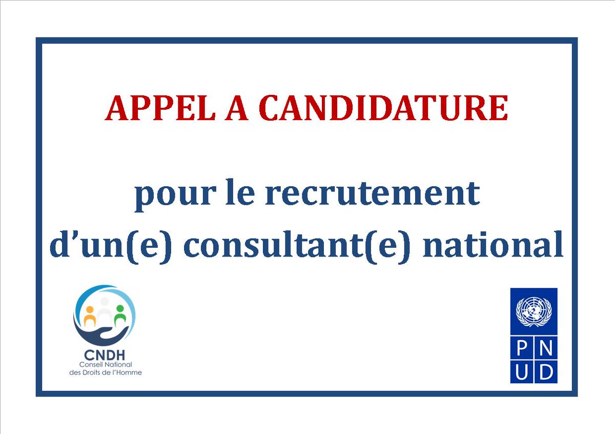 𝐀𝐩𝐩𝐞𝐥 à 𝐜𝐚𝐧𝐝𝐢𝐝𝐚𝐭𝐮𝐫𝐞 𝐩𝐨𝐮𝐫 𝐥𝐞 𝐫𝐞𝐜𝐫𝐮𝐭𝐞𝐦𝐞𝐧𝐭 𝐝’𝐮𝐧(𝐞) 𝐜𝐨𝐧𝐬𝐮𝐥𝐭𝐚𝐧𝐭(𝐞) 𝐧𝐚𝐭𝐢𝐨𝐧𝐚𝐥

Dans cadre du projet intitulé "𝐥’𝐢𝐧𝐢𝐭𝐢𝐚𝐭𝐢𝐯𝐞 𝐩𝐨𝐮𝐫 𝐮𝐧𝐞 𝐠𝐨𝐮𝐯𝐞𝐫𝐧𝐚𝐧𝐜𝐞 𝐢𝐧𝐜𝐥𝐮𝐬𝐢𝐯𝐞"  ..... cndh.ci/wp-content/upl…
