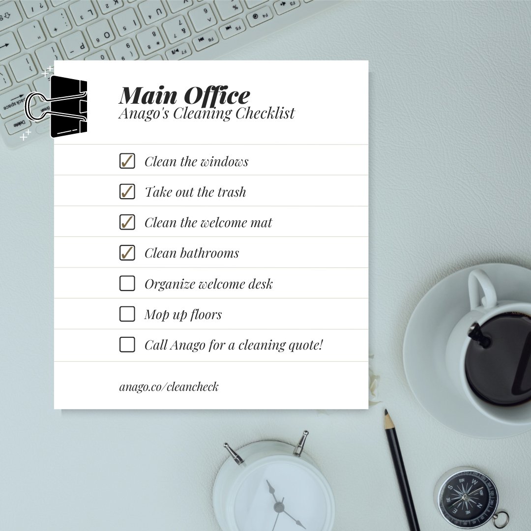 AnagoCleaning's tweet photo. It’s crucial to keep the #workplace #safe and #healthy, but it’s quite a task to undertake. That’s why #Anago has created this #handydandy #cleaning checklist. 
Make sure to read Anago’s full #office cleaning checklist here: https://t.co/yDuawFU0Hv https://t.co/RMmSnlZfIz
