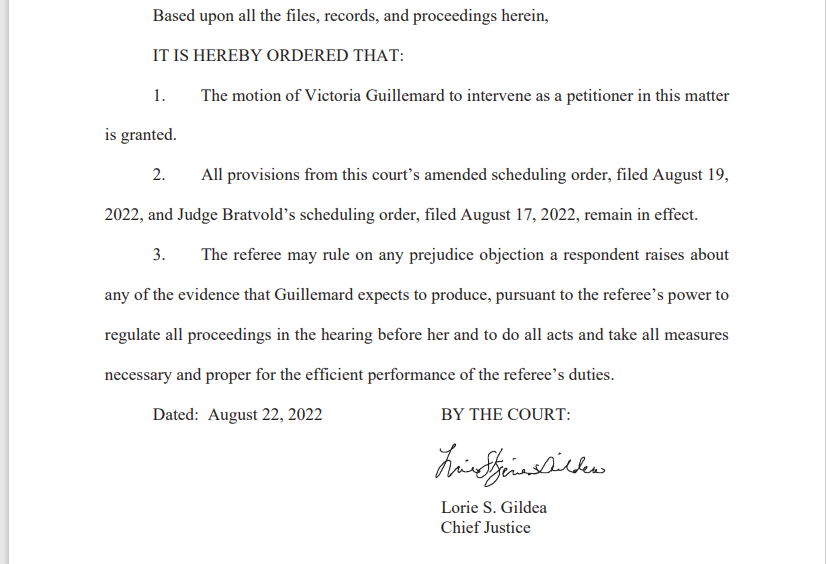 sallyjos's tweet photo. 1/2 In A22-1112, effort to remove Torrey Westrom from ballot in #mn12 #mnsenate race, Chief Justice Gildea grants Victoria Guillemard's motion to intervene as a petitioner #mnleg #Residency https://t.co/9qWNnbPHwi