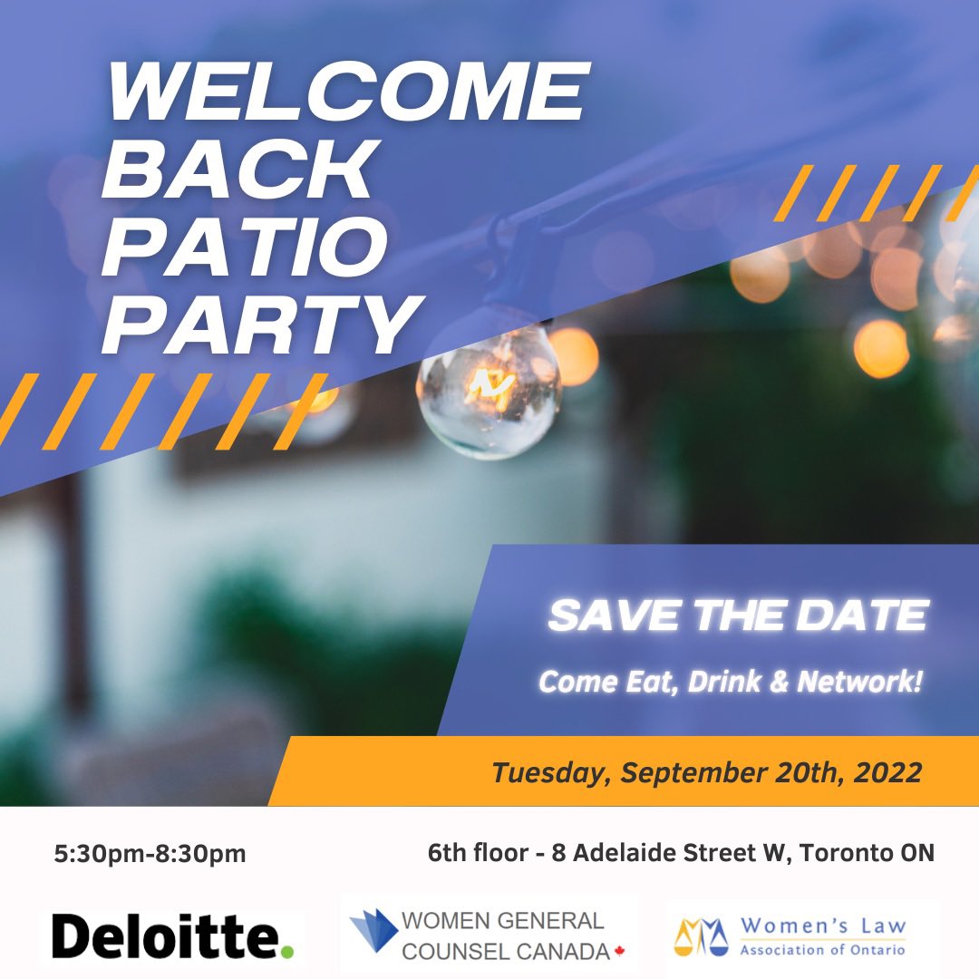 We are so excited to welcome back WLAO and WGCC members with a patio party hosted by <a href="/DeloitteCanada/">Deloitte Canada</a>

This event is only about networking. That means no long speeches - just food, drink and meeting/reconnecting with some great people. 

Keep an eye out for the registration link!