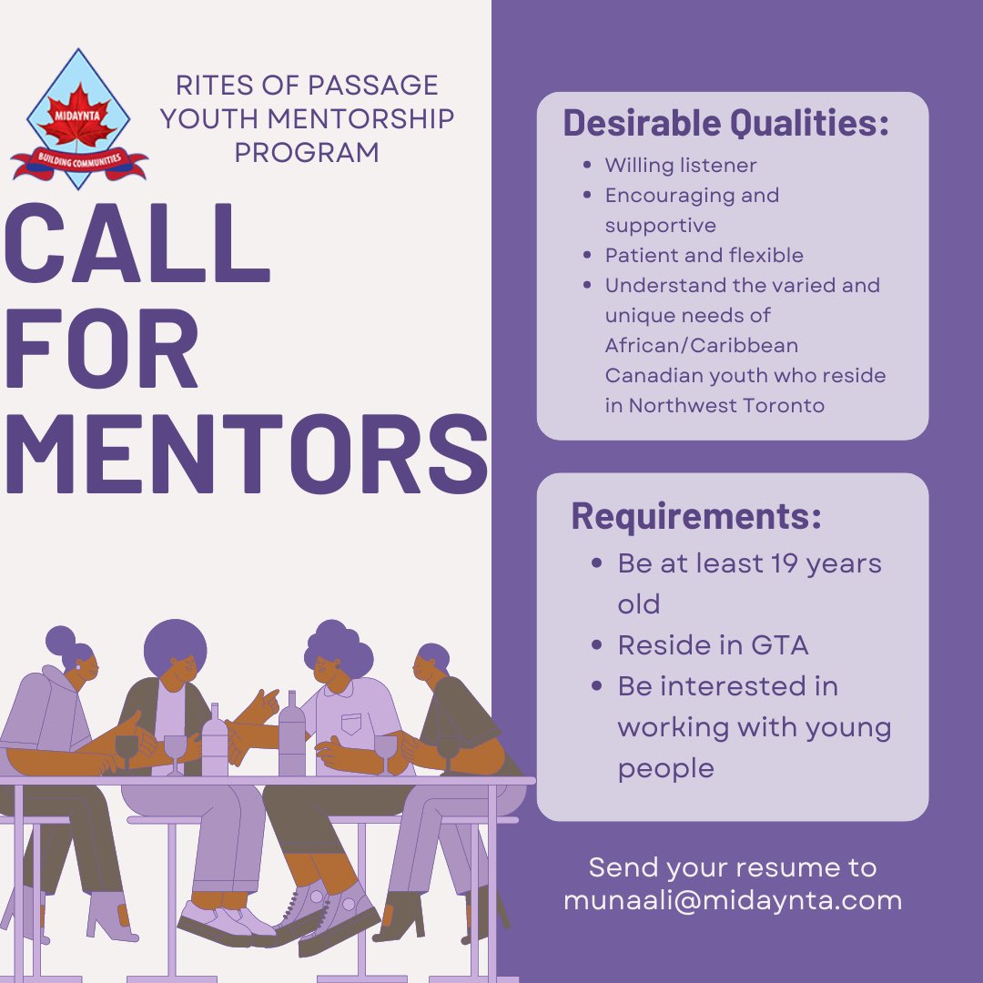 MidayntaYouth's tweet photo. Call for Mentors. The Rites of Passage Youth Mentorship Program is looking for mentors who want to give back to the community. We are looking for mentors to support youth ages 12-16. Mentors will serve as a positive role model in shaping youth to be the leaders of tomorrow. https://t.co/V7MJAeAuRG
