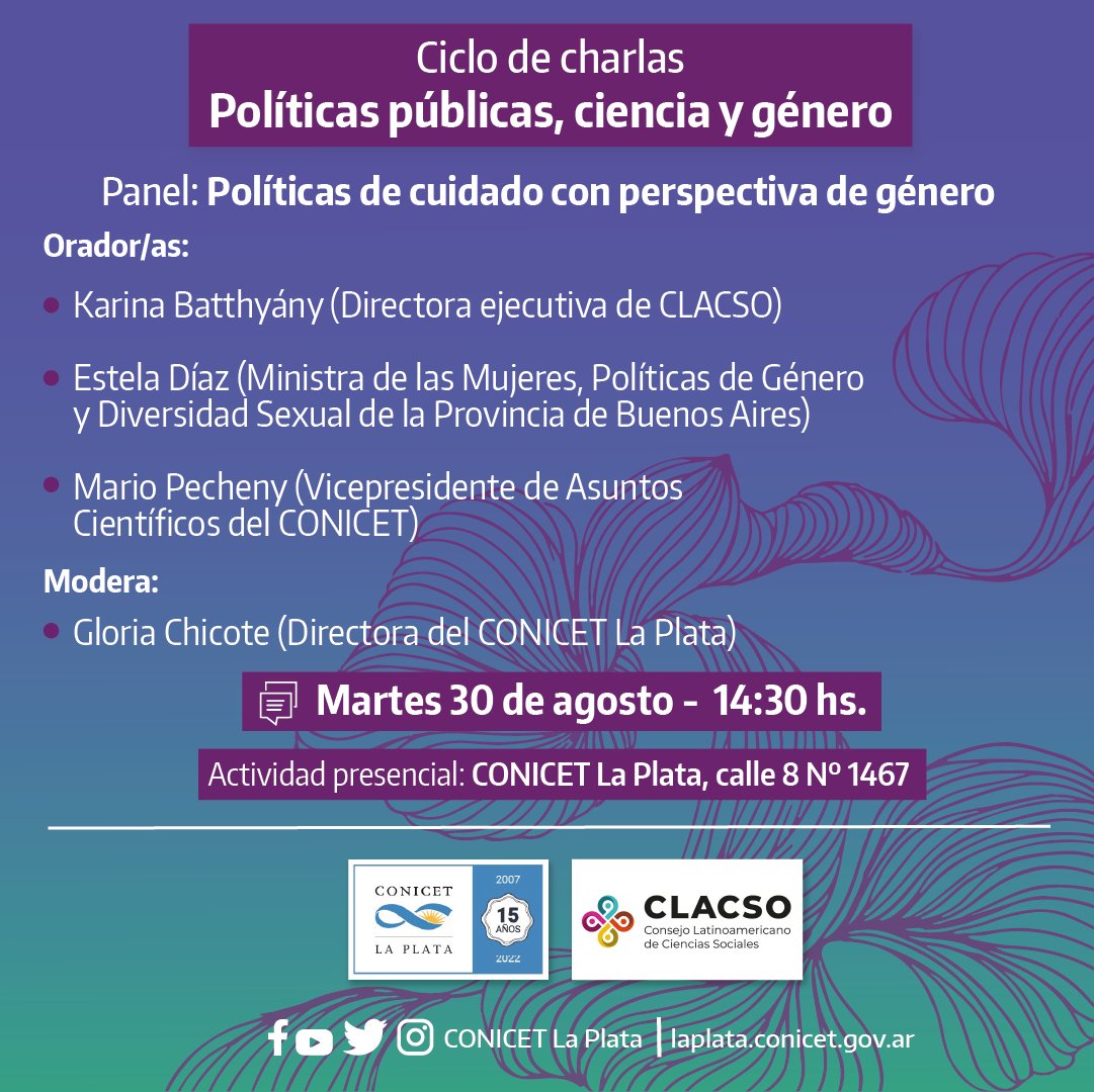 Lanzan el ciclo de charlas “Políticas públicas, #ciencia y #género”

Es organizado por el Espacio de Atención de Violencia Laboral y de Género del #CONICET #LaPlata. 

El primero de los tres encuentros será este martes 30 de agosto a las 14:30

👉bit.ly/3QG9GOs