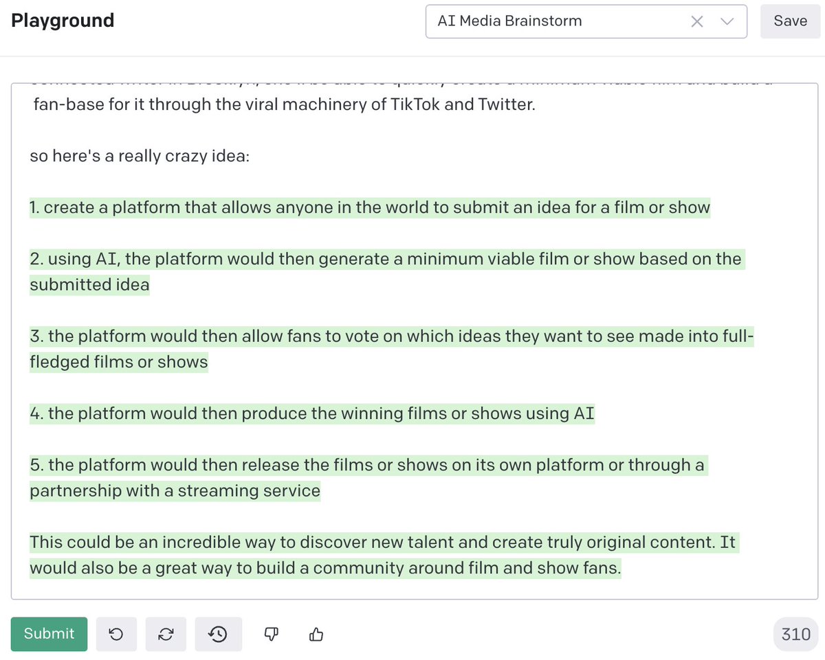 fabianstelzer's tweet photo. I use GPT-3 daily as a brainstorming scratch pad

an always-on sparring partner to run ideas by

feed it what you're working on, let it spit back insights and objections

say you're thinking about starting an AI media startup: https://t.co/yeCwTgyMht