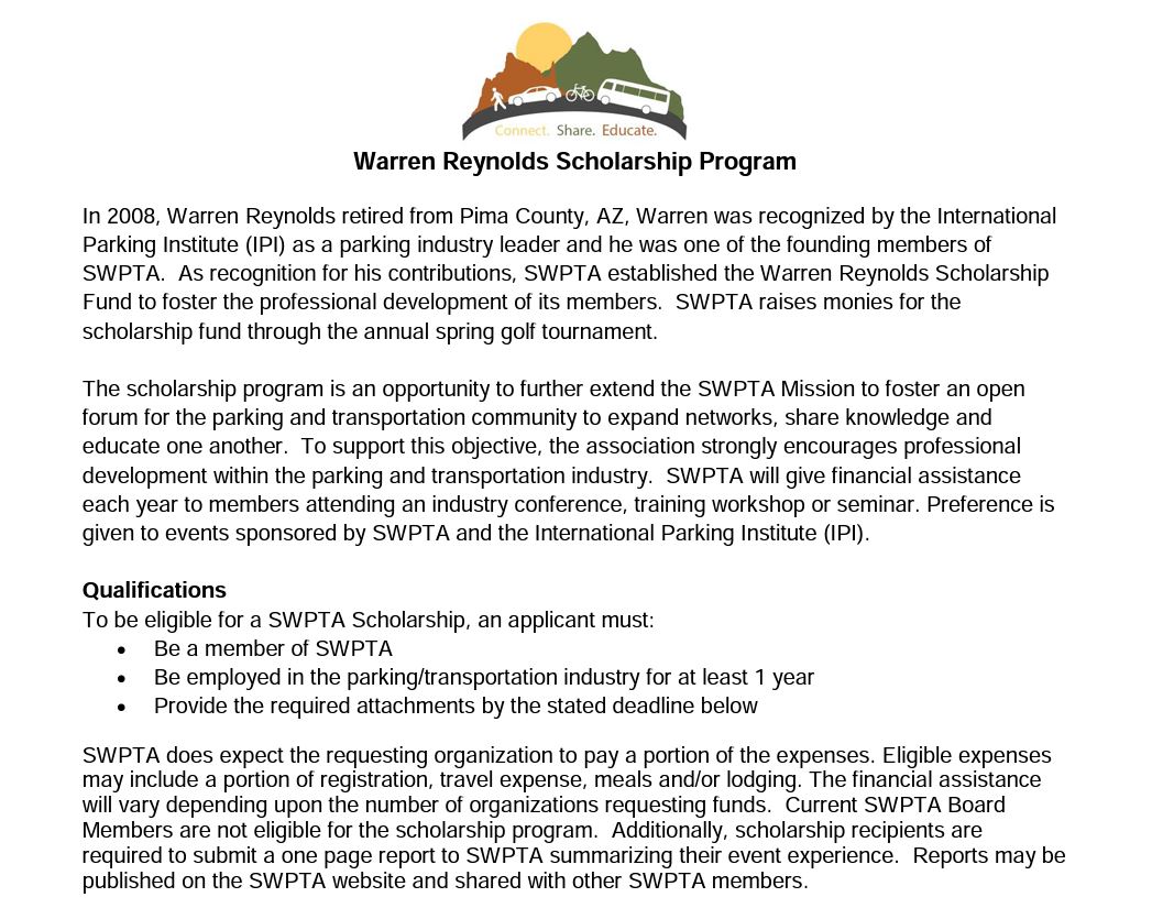 SWPTA wants to cultivate professional development of our members. The scholarship program provides opportunities to further extend our mission to foster an open forum for the parking and transportation community. Want to learn more?  southwestparking.org/events #SWPTAstic #SWPTAcares