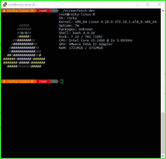 ks7000's tweet image. Probando #screenfetch, en Rocky Linux lo tuve que bajar directamente del repositorio en  @github .