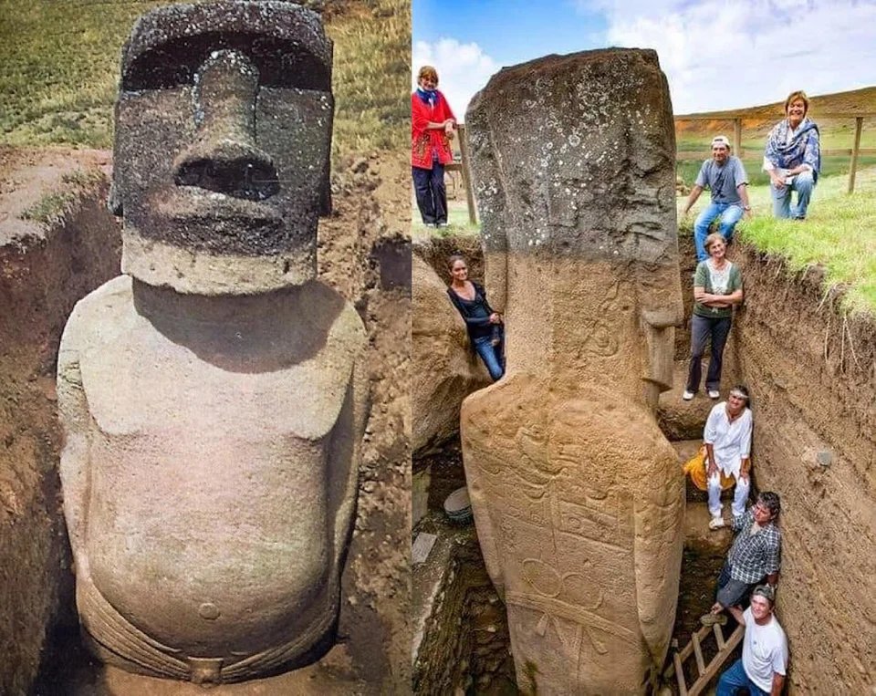 イースター島の 1250～1500年頃のモアイ像が埋められた地面を掘って胴体も見せている写真。背中にはペトログリフが刻まれ、腰にはベルトのようなものを巻いています