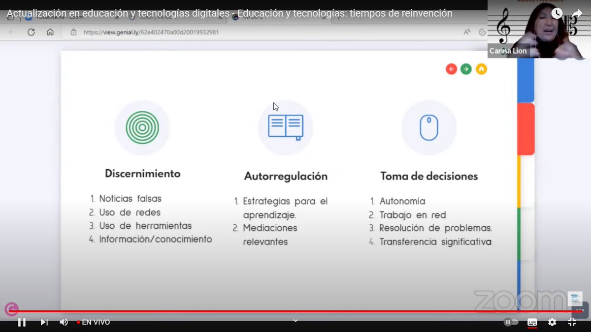 natcorvalan's tweet photo. Vivo de @carinalion en el marco de la Actualización en Educación y Tecnologías Digitales @infodARG
¿Qué competencias debemos enseñar lxs docentes?
Discernimiento, autorregulación y toma de decisiones.
#multiverso #edutecno #conocimiento https://t.co/Bdclcy5gVk
