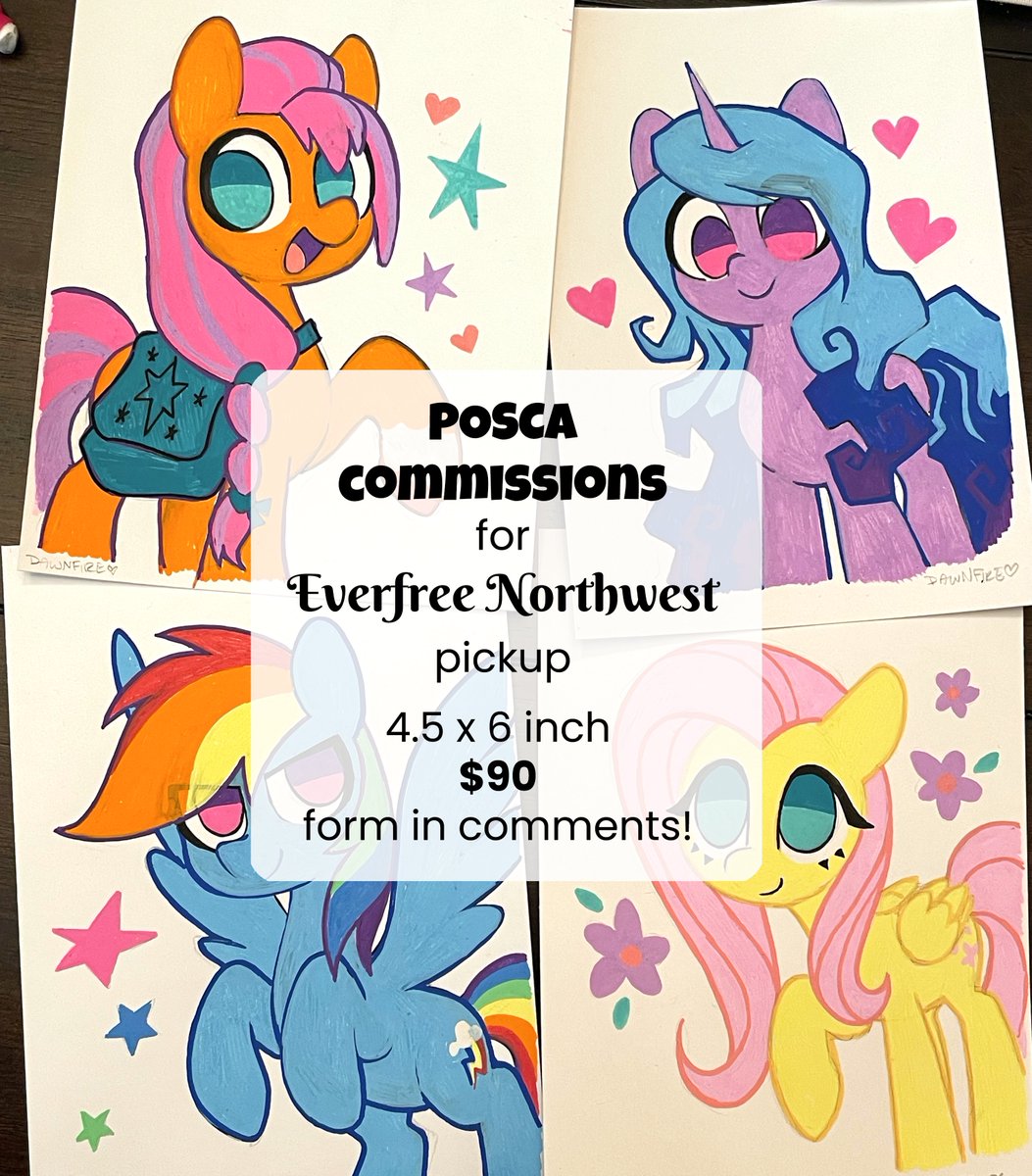 POSCA comms 4 PICKUP at @EverfreeNW 💚
pony-style characters only! OCs & canon fine! 