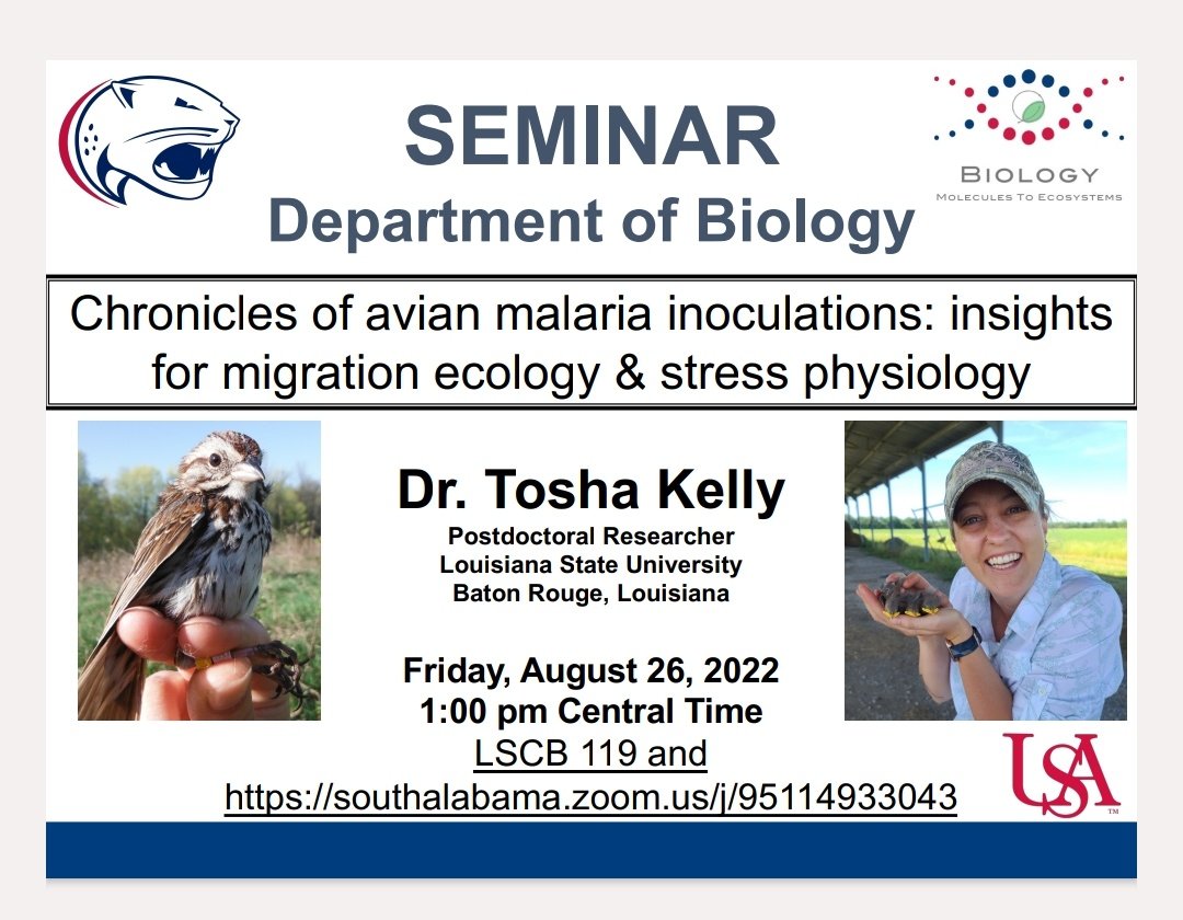 Tosha Kelly, PhD (she/her) (@birdbraintosh) on Twitter photo I am kicking off <a href="/UofSouthAlabama/">University of South Alabama</a> 's Biology seminar series this Fri-Yay! Tune in to learn the variety of ways malaria affects 🐦🐤 behaviour & physiology! #research #science #seminar #birdsrule I am kicking off <a href="/UofSouthAlabama/">University of South Alabama</a> 's Biology seminar series this Fri-Yay! Tune in to learn the variety of ways malaria affects 🐦🐤 behaviour & physiology! #research #science #seminar #birdsrule