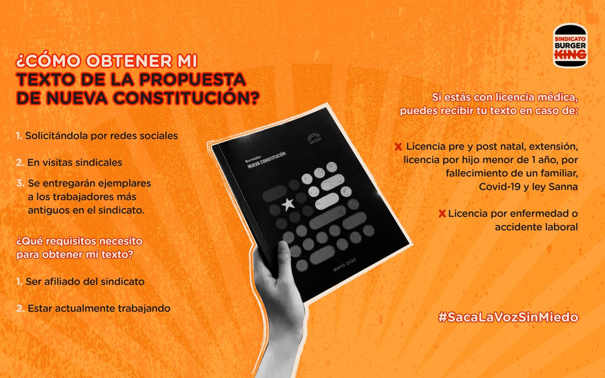 ¿Quieres votar informado? 🚨 Te entregamos ejemplares de la nueva Constitución 🚨

Conoce cómo obtenerlo y cuales son los requisitos en nuestro carrusel. 👀

Cuando te informas no pueden engañarte✊

#SindicatoBurgerKing #Sindicato #BurgerKing #VotaInformada