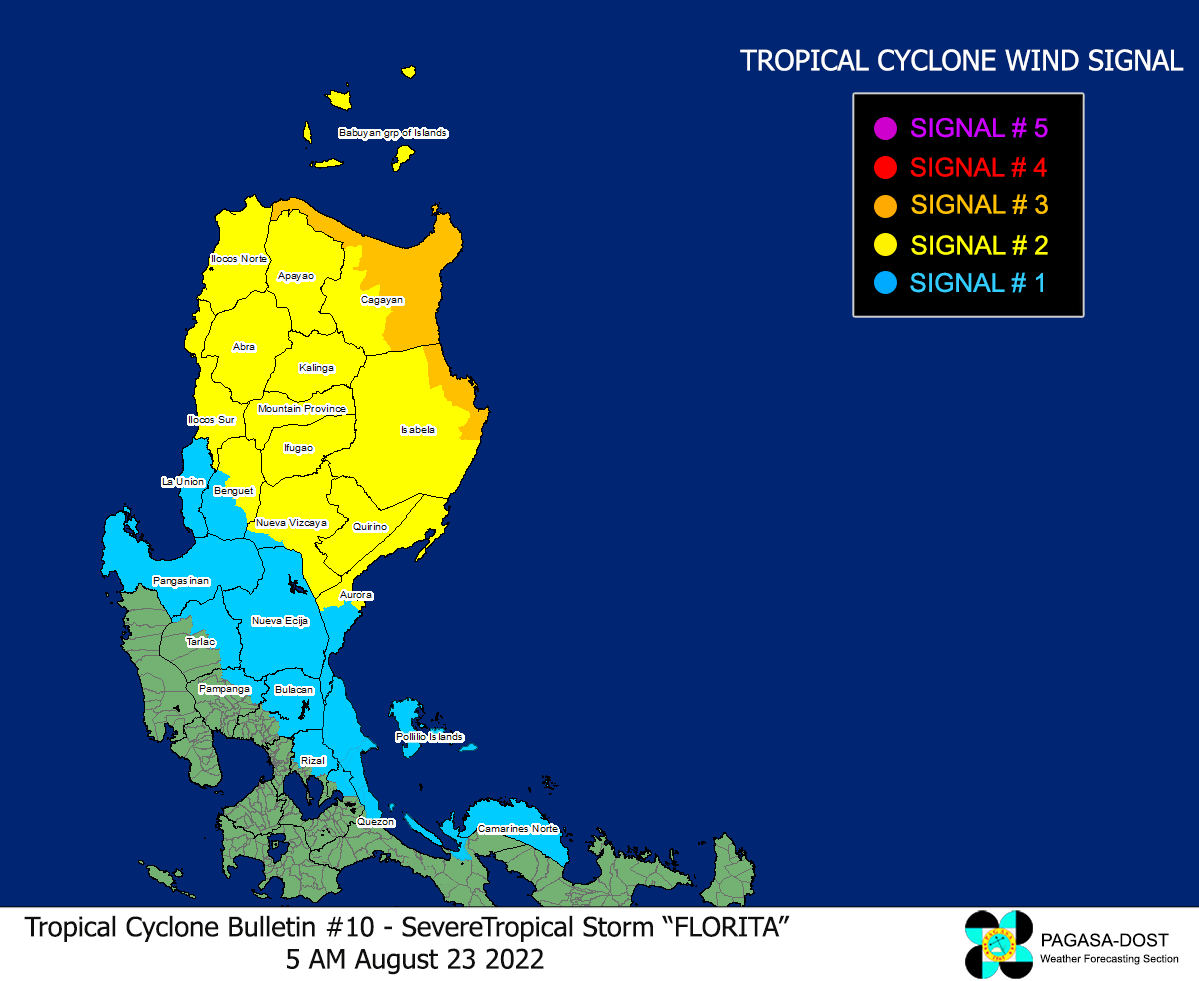 dost_pagasa's tweet photo. TROPICAL CYCLONE BULLETIN NO. 10
STS “#FloritaPH” (MA-ON)
Issued at 5:00 AM, 23 August 2022
Next bulletin at 8:00 AM today

“FLORITA” INTENSIFIES INTO A SEVERE TROPICAL STORM AND IS NOW MOVING NORTH NORTHWESTWARD TOWARDS THE ISABELA-CAGAYAN AREA 

Link: https://t.co/Nx7RUCzorD https://t.co/RWvKbxCwu6