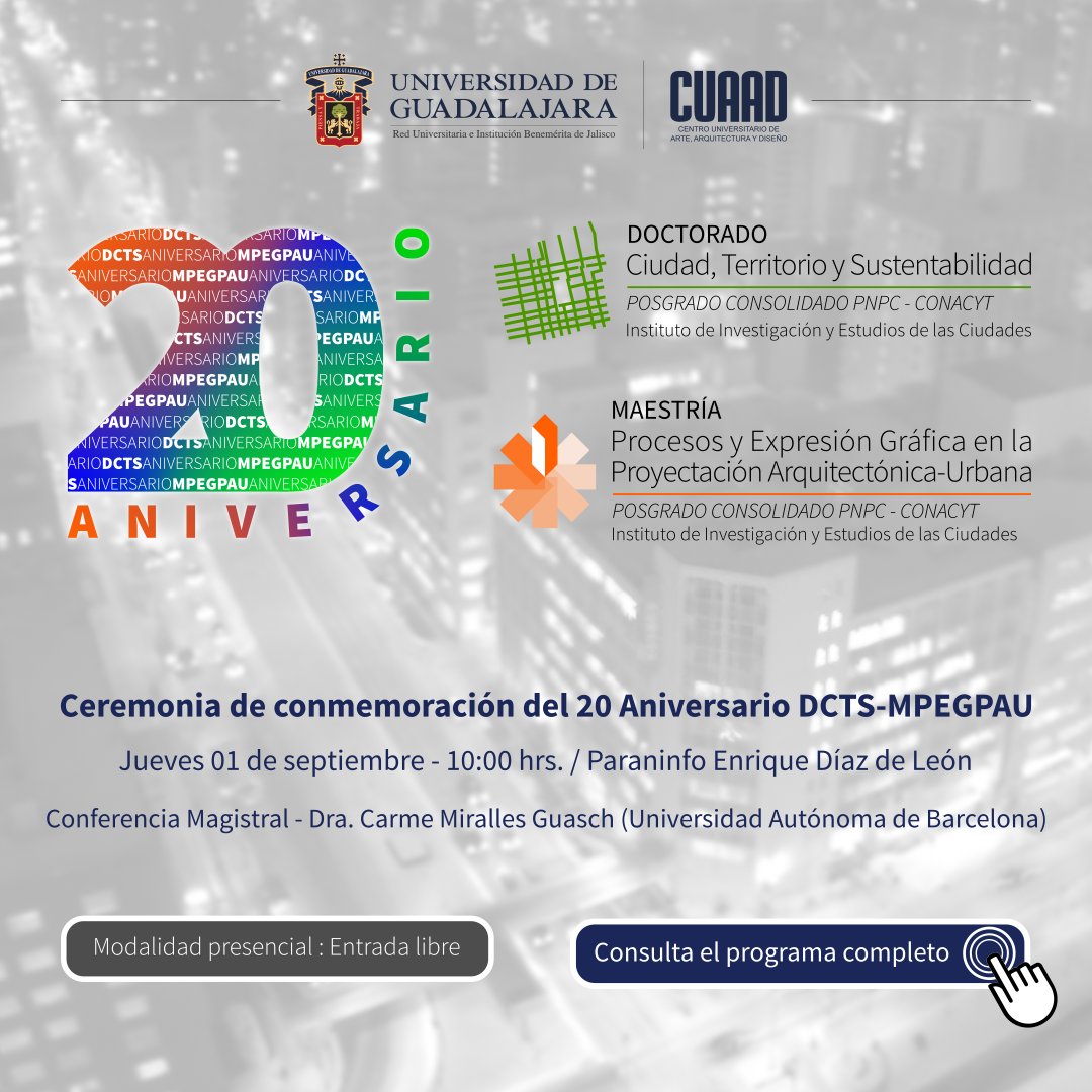 La <a href="/mpegpau/">Maestría PEGPAU CUAAD UDG</a> y el <a href="/dcts_udg/">Doctorado Ciudad, Territorio y Sustentabilidad</a>
conmemoran 20 años con actividades académicas. 🙌🏻

No se pueden perder la ponencia de esta académica de la <a href="/UniBarcelona/">Universitat de Barcelona</a>, quien ha dirigido numerosos proyectos relacionados con la movilidad y el transporte. 🚞🚲

👉inciudades.cuaad.udg.mx/index.php/20an…