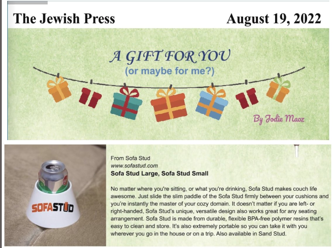 Have an you need a #gift for? 🎁 <a href="/JewishPress/">JewishPress.com</a> suggests getting the Sofa Stud. They just included it in their August #GiftGuide. Click the link to check out the feature and see why the Sofa Stud makes the perfect gift for any occasion. bit.ly/3dMKozG