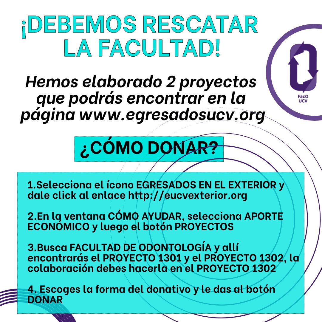 FacOUCV's tweet photo. Nuestra FacO necesita tu apoyo económico para continuar formando profesionales de primera calidad. Tu apoyo y colaboración son necesarios para  rescatar la facultad.

#Odontologia #UCV #Odontologiasomostodos #donativos #rescate #colaboración https://t.co/gbXRv1IqaA