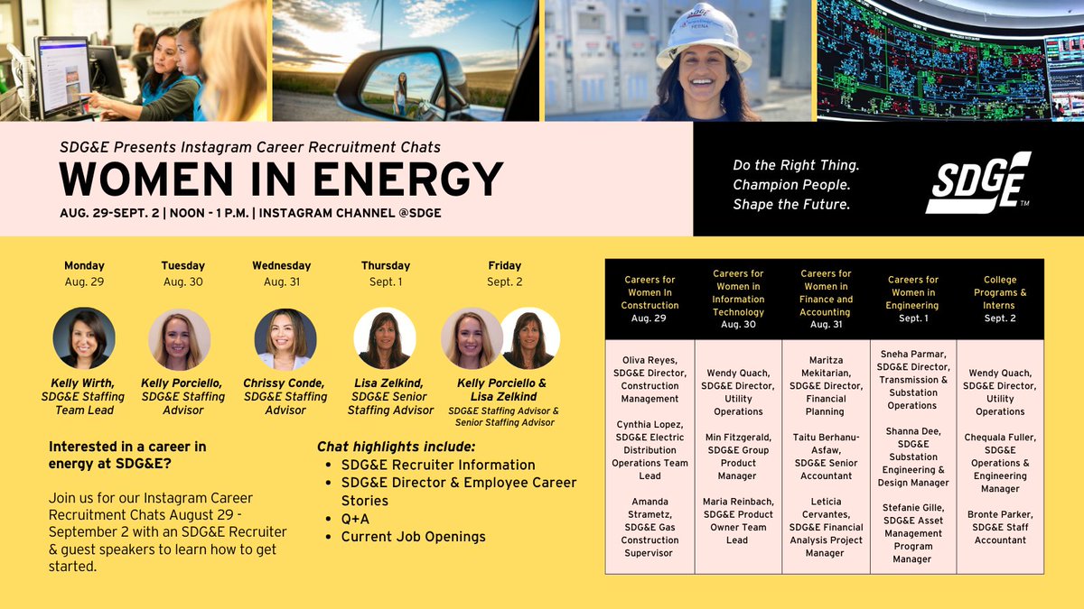 SDGE's tweet photo. Are you looking for #CareersInEnergy? Join us all week long on Instagram Aug. 29 – Sept. 2 from 12pm-1pm to learn more about current job openings, the application process, and interview/resume tips so you can land your next role! Learn more: https://t.co/t9Hz4XxJy8 ⚡ https://t.co/pEgoULFXbT
