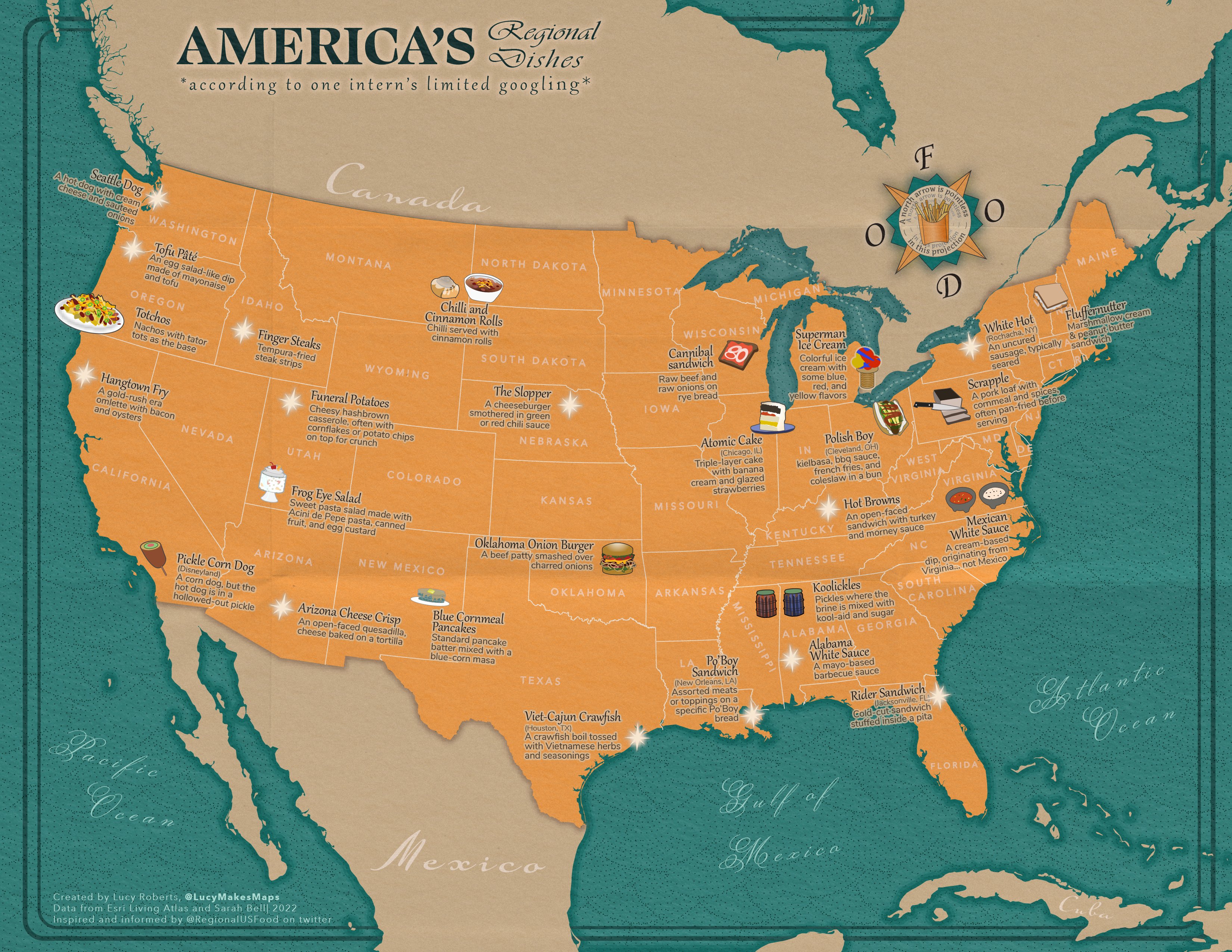 A map of the US showing American Regional Dishes. The US stands in a stark orange against a bright teal ocean.