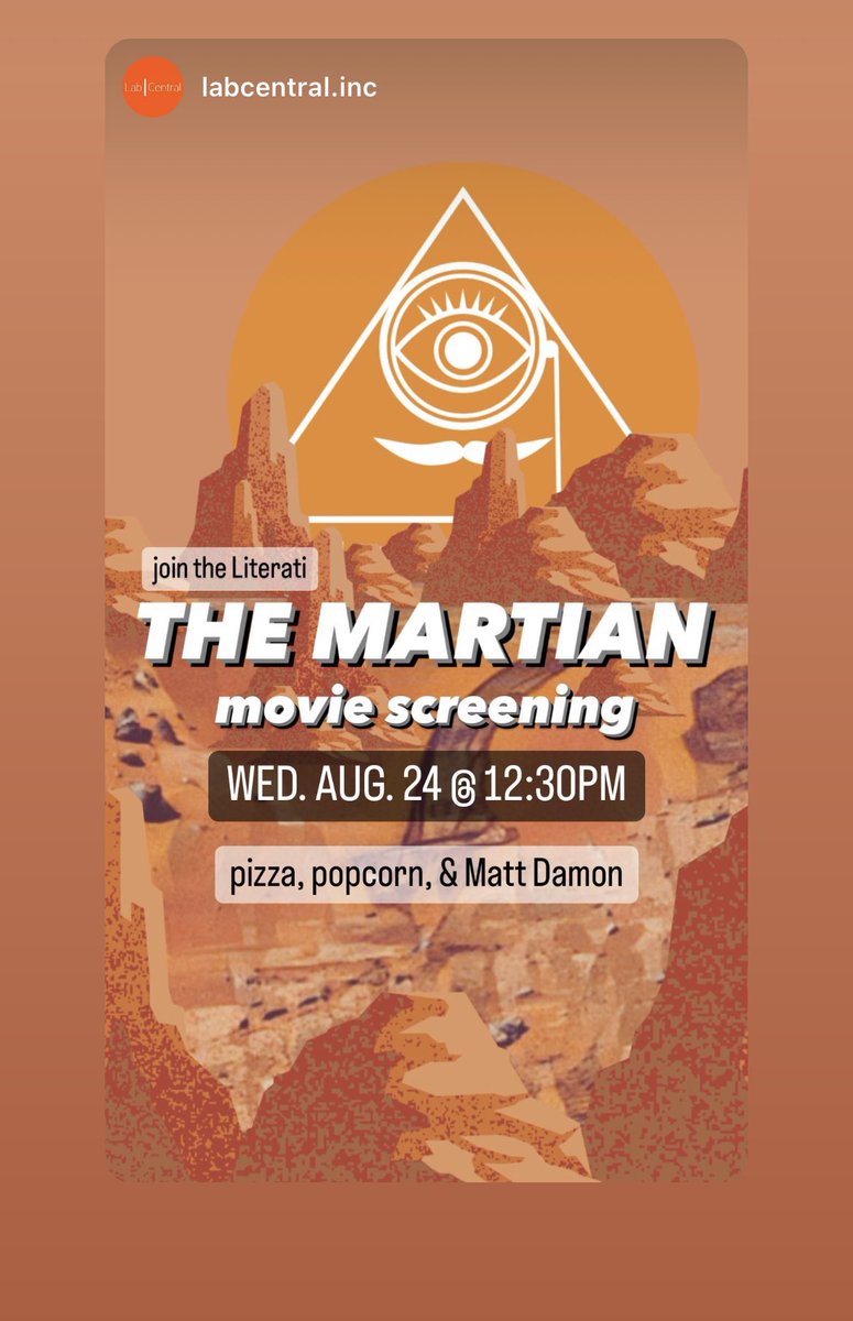 ShaziaMir71's tweet photo. Pizza, Popcorn &amp; Matt Demon-enough said! This Wednesday 12:30PM I’ll see you there @labcentral ! (Brought to you  by the #Literati Labcentral’s secret book club) @andyweirauthor 🤫 https://t.co/TrhUnVFlzL