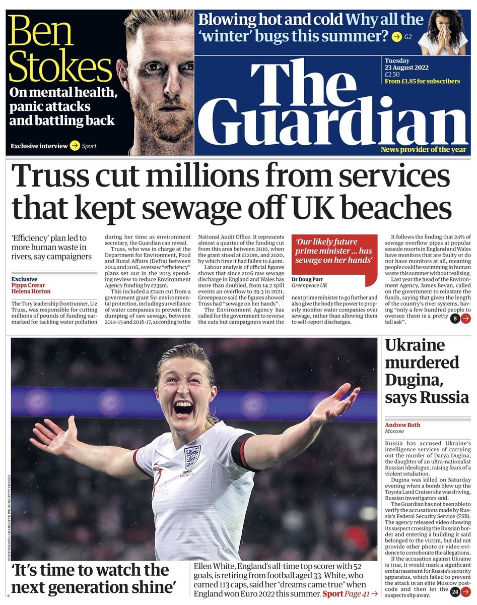 Tuesday’s <a href="/guardian/">The Guardian</a> front page: Truss cut millions from services that kept sewage off UK beaches. theguardian.com/politics/2022/…